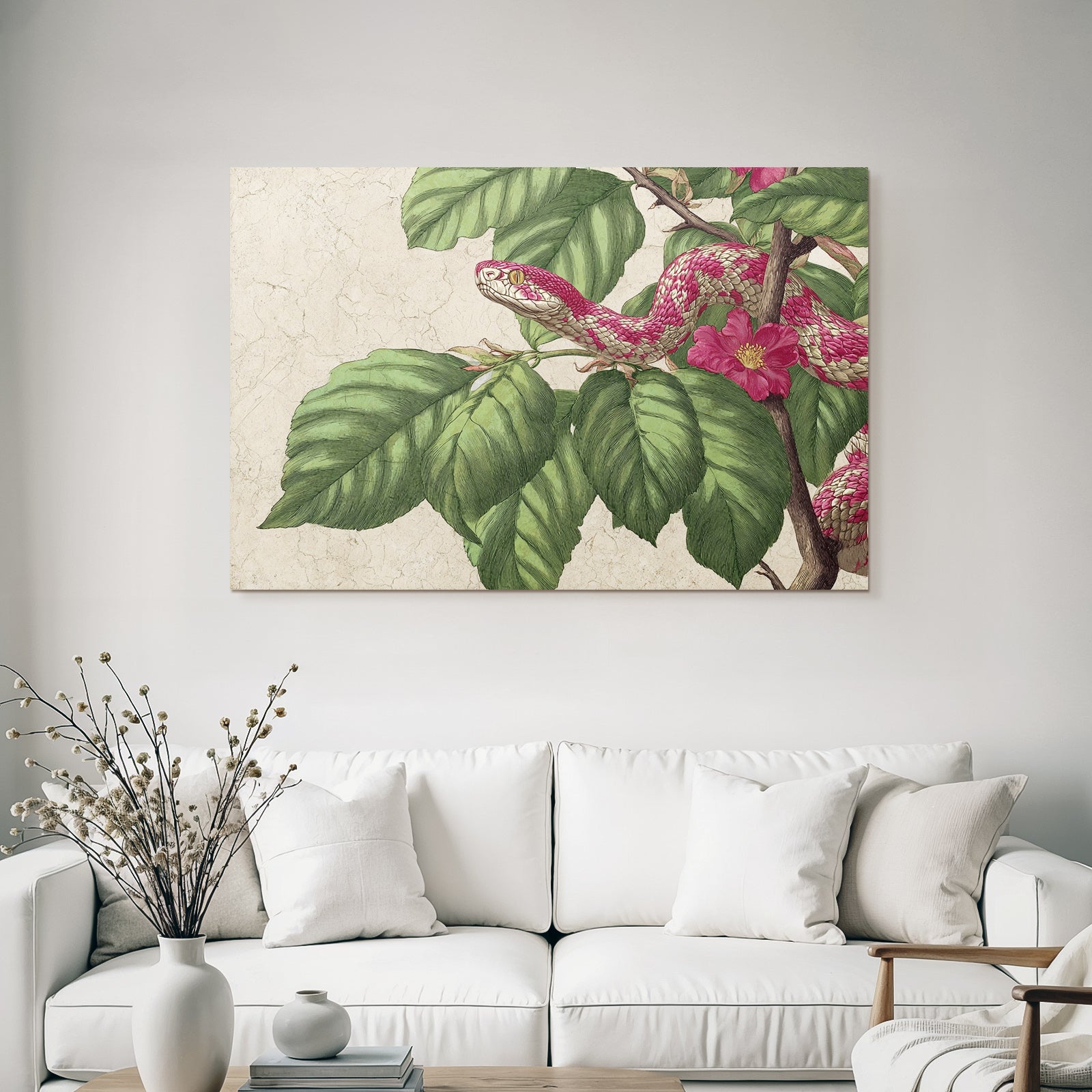 Schlange Auf Zweig Mit Grünen Blattern Und Rosa Blume