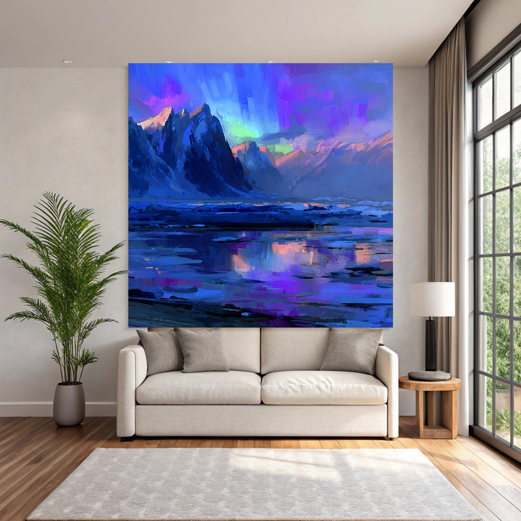 Polarlicht Majestatische Berge Und Reflektierendes Wasser Mit Aurora Farben | Fjorde und Gletscher | Landschaften