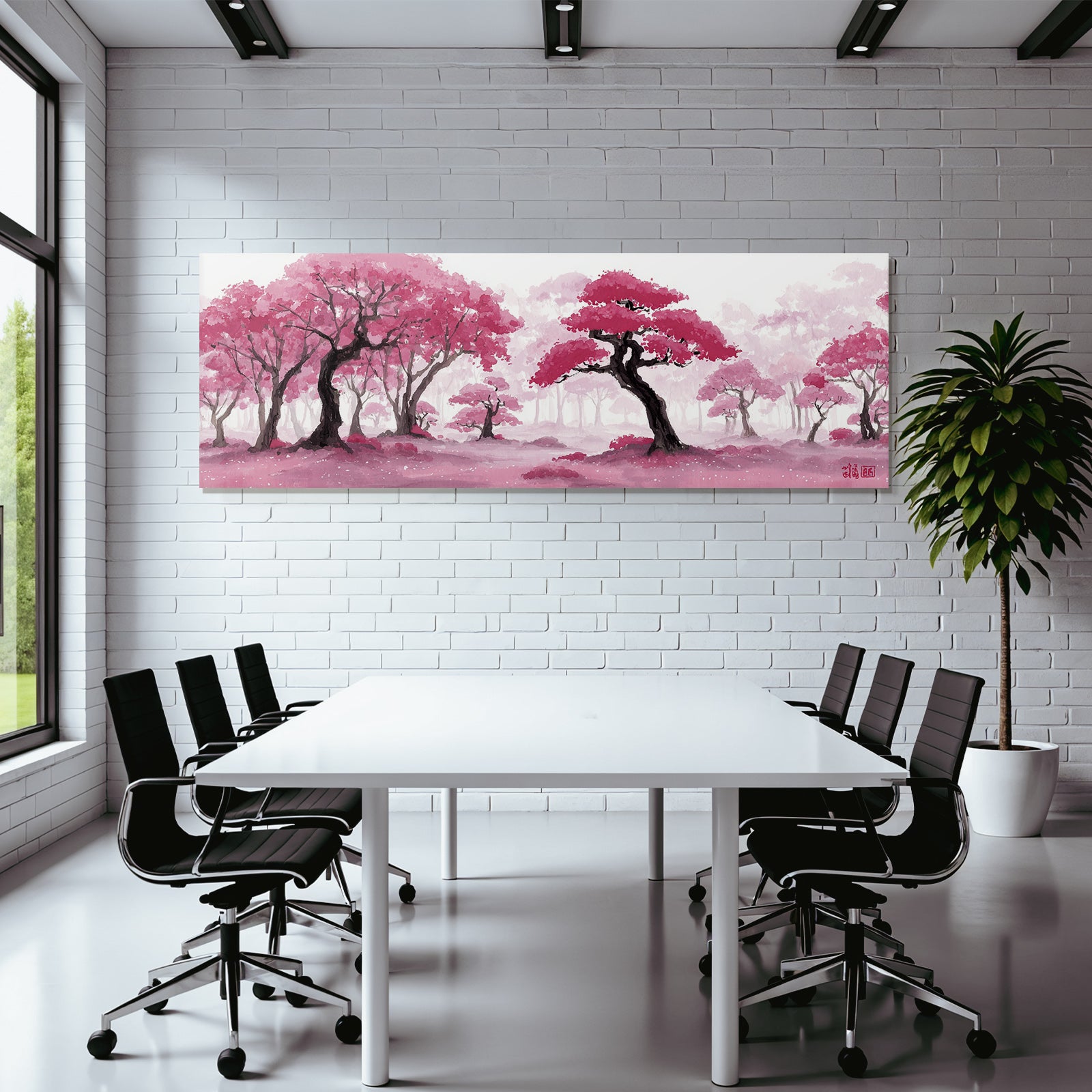 Traumhafte Waldlandschaft Mit Rosa Bäumen Und Wasserfarbeffekt