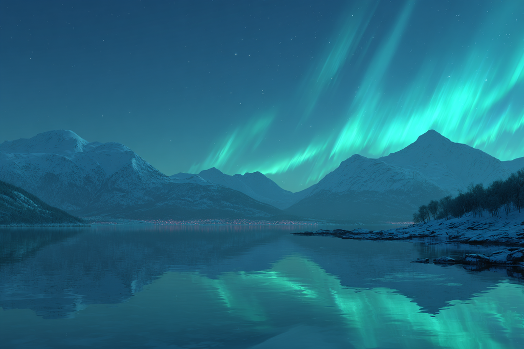Polarlicht Schneebedeckte Berge Ruhe Im Wasser Aurora Borealis Nacht Szene | Fjorde und Gletscher | Landschaften