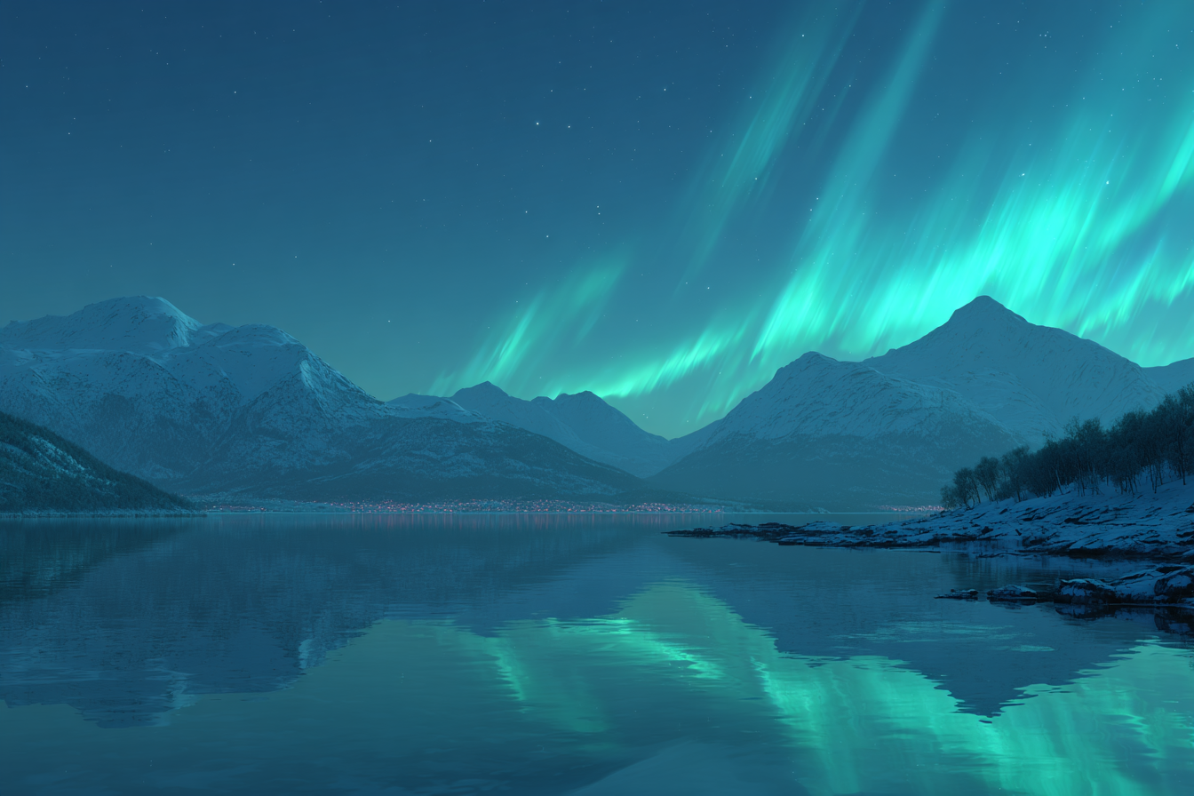 Polarlicht Schneebedeckte Berge Ruhe Im Wasser Aurora Borealis Nacht Szene | Fjorde und Gletscher | Landschaften