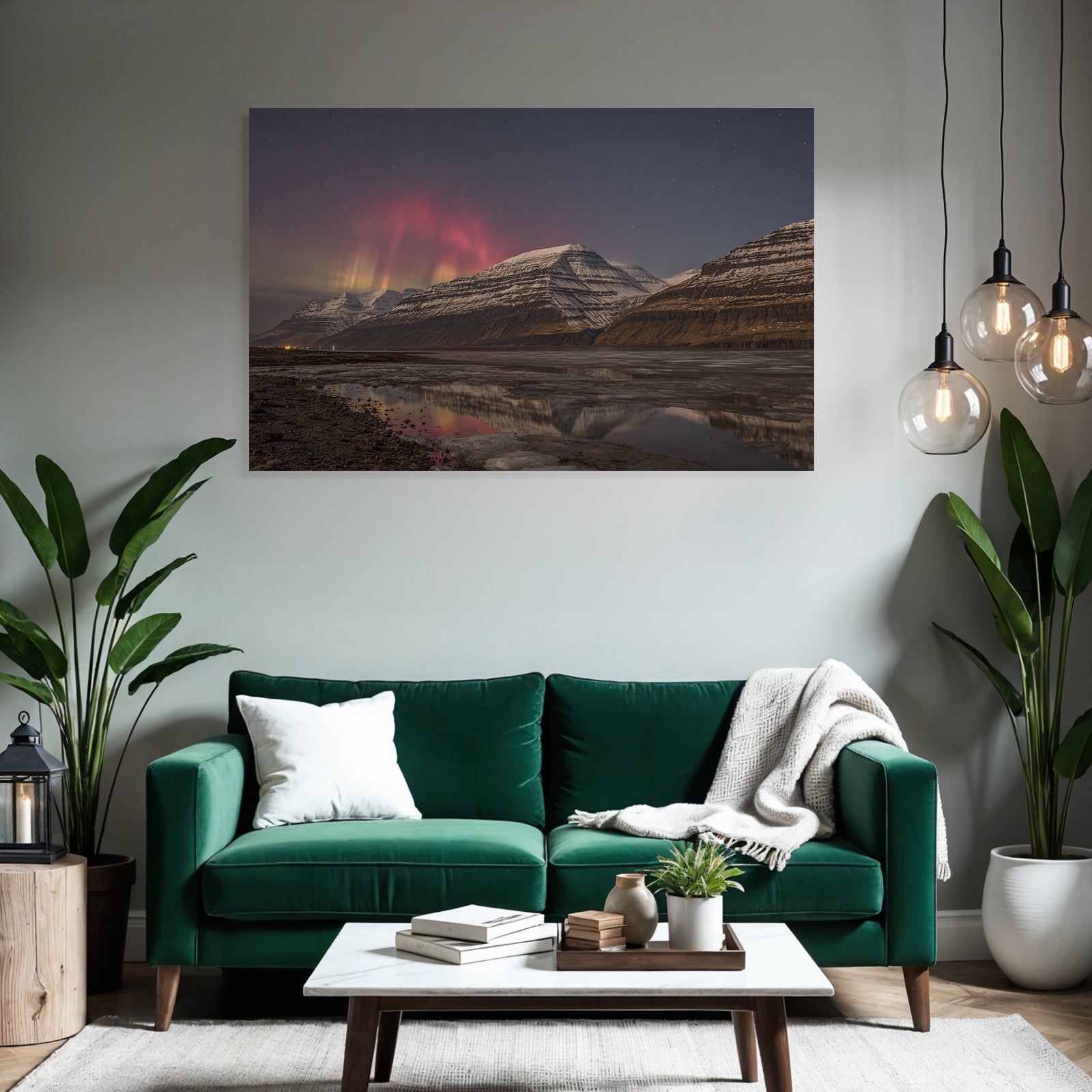 Polarlicht Schneebedeckte Berge Und Aurora Reflexion Im Nacht Himmel | Fjorde und Gletscher | Landschaften