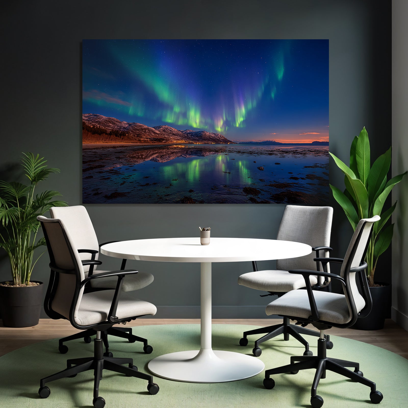 Polarlicht Nordlichter Aurora Borealis Nacht Himmel Reflexion Wasser Schneebedeckte Berge | Fjorde und Gletscher | Landschaften
