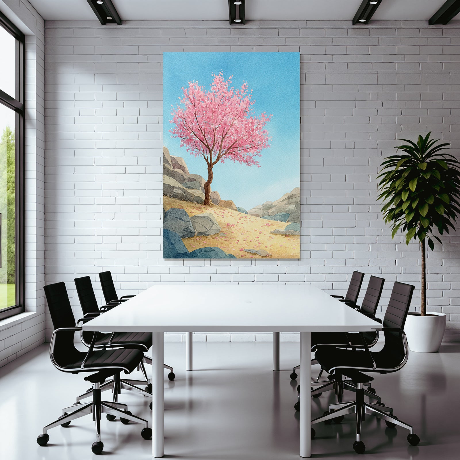 Kirschblütenbaum Landschaft Mit Felsen Und Sand Im Aquarellstil