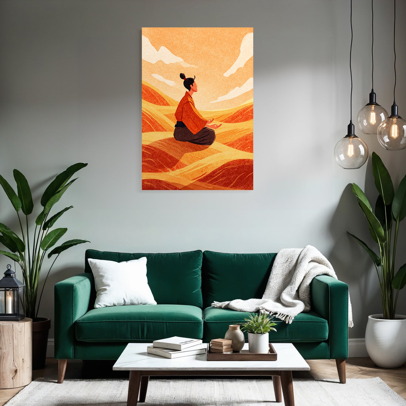 Yoga Meditation Meditierender Mensch In Stilvollem Landschaft Sanfte Hügel Orangener Himmel | Yoga und Meditation | Themen und Hobbys