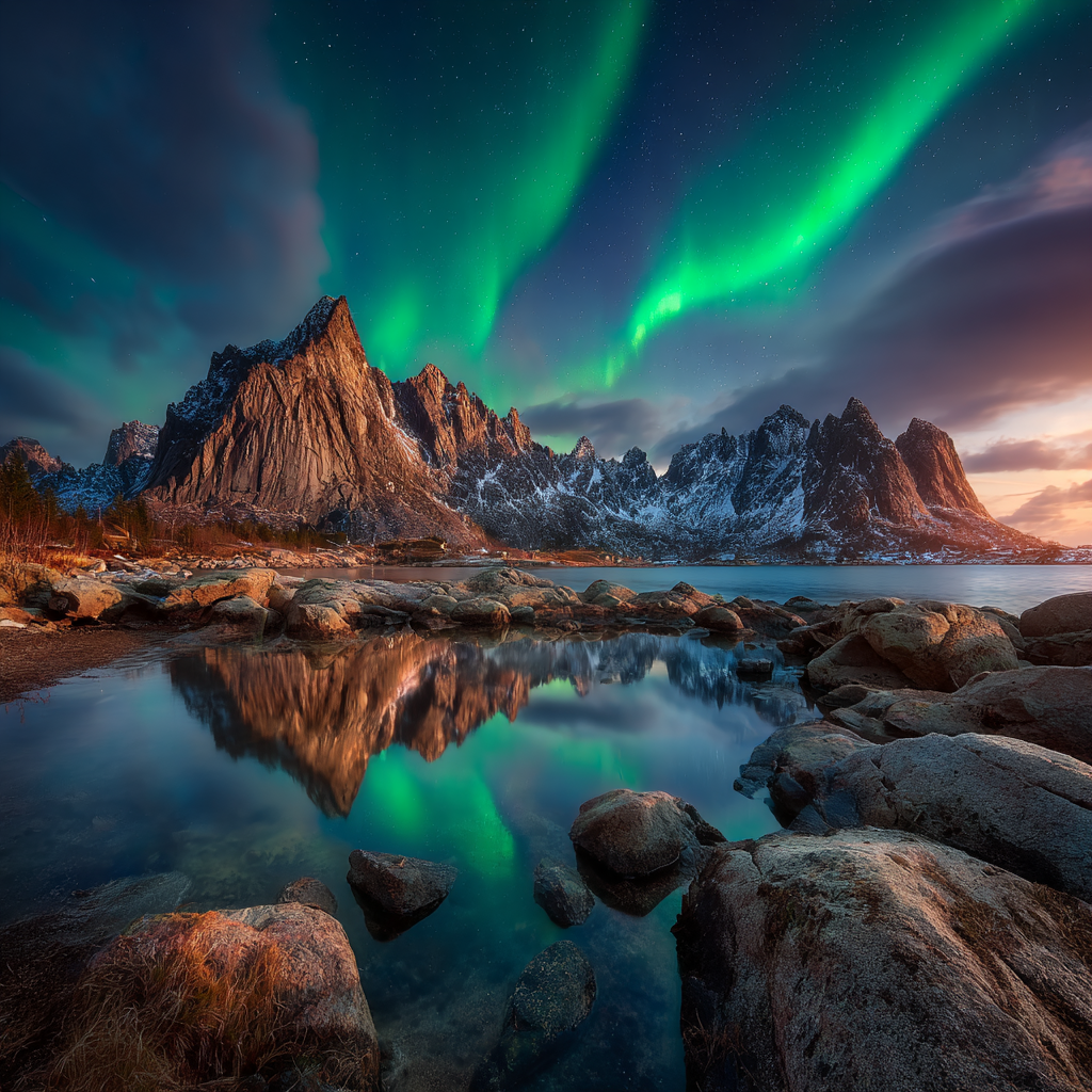 Polarlicht Nordlichter Lichten Mountain Peaks Reflection Ruhiges Wasser Natur Schönheit | Fjorde und Gletscher | Landschaften
