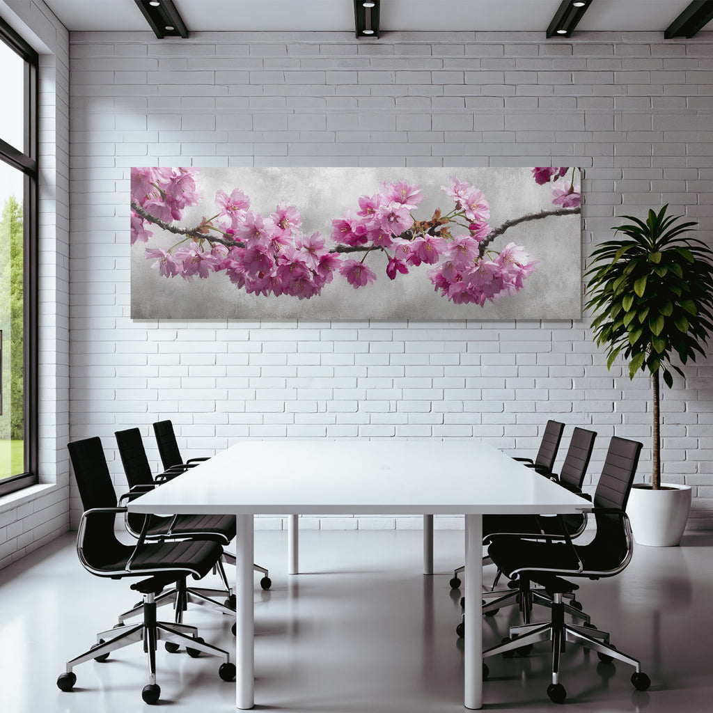 Zweig Mit Rosa Kirschblüten Vor Graüm Hintergrund