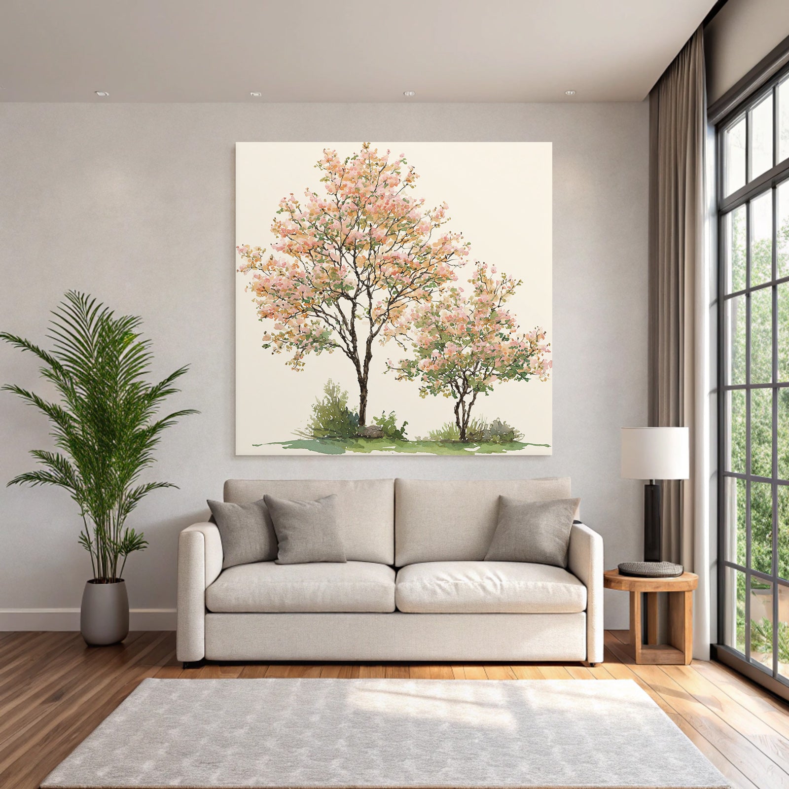 Aquarell Zwei Bäume Mit Rosafarbenen Und Orangenen Blüten