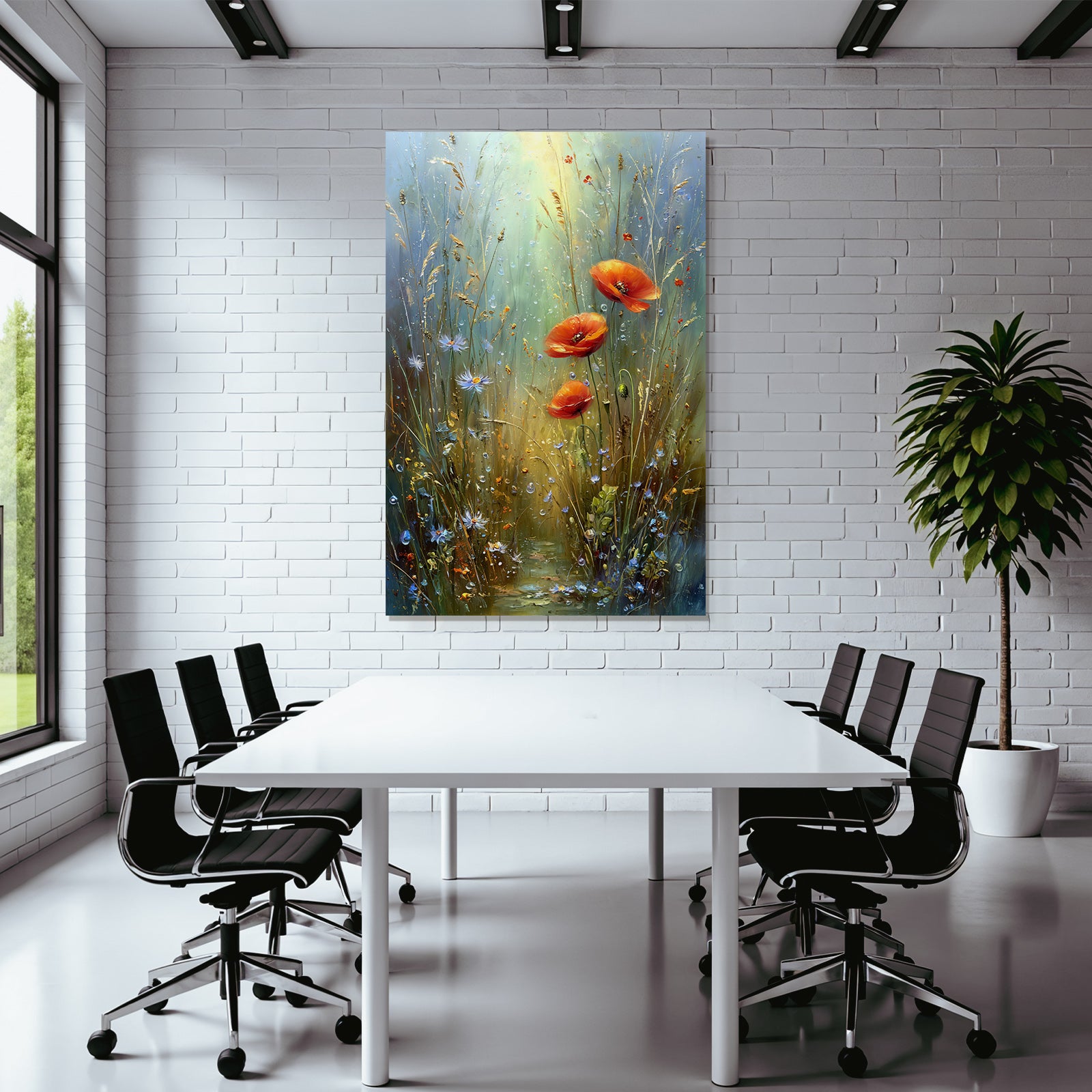 Impressionistische Wiese Mit Mohn Gräser Blaün Wildblüten Und Wassertropfen