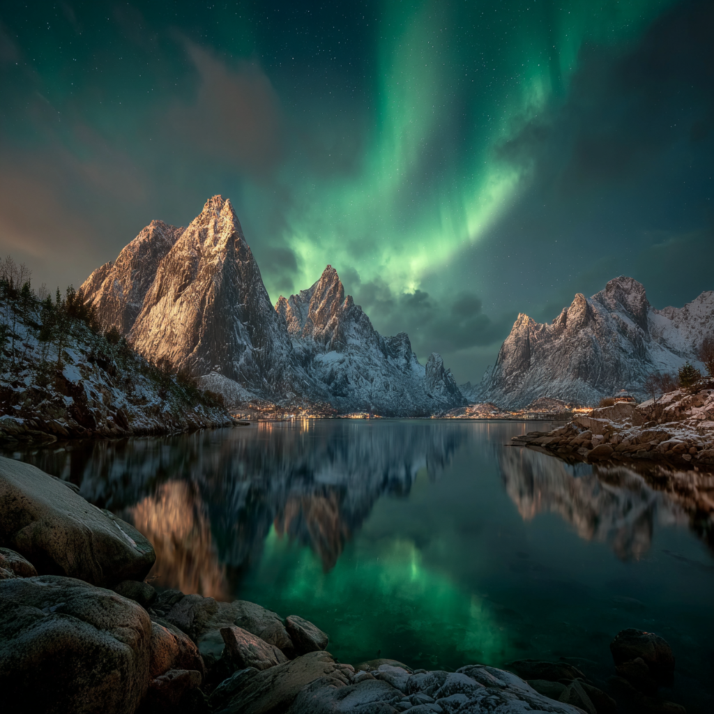 Polarlicht Schneebedeckte Berge Nordlichter Spiegelung Wasser Nachtlandschaft | Fjorde und Gletscher | Landschaften