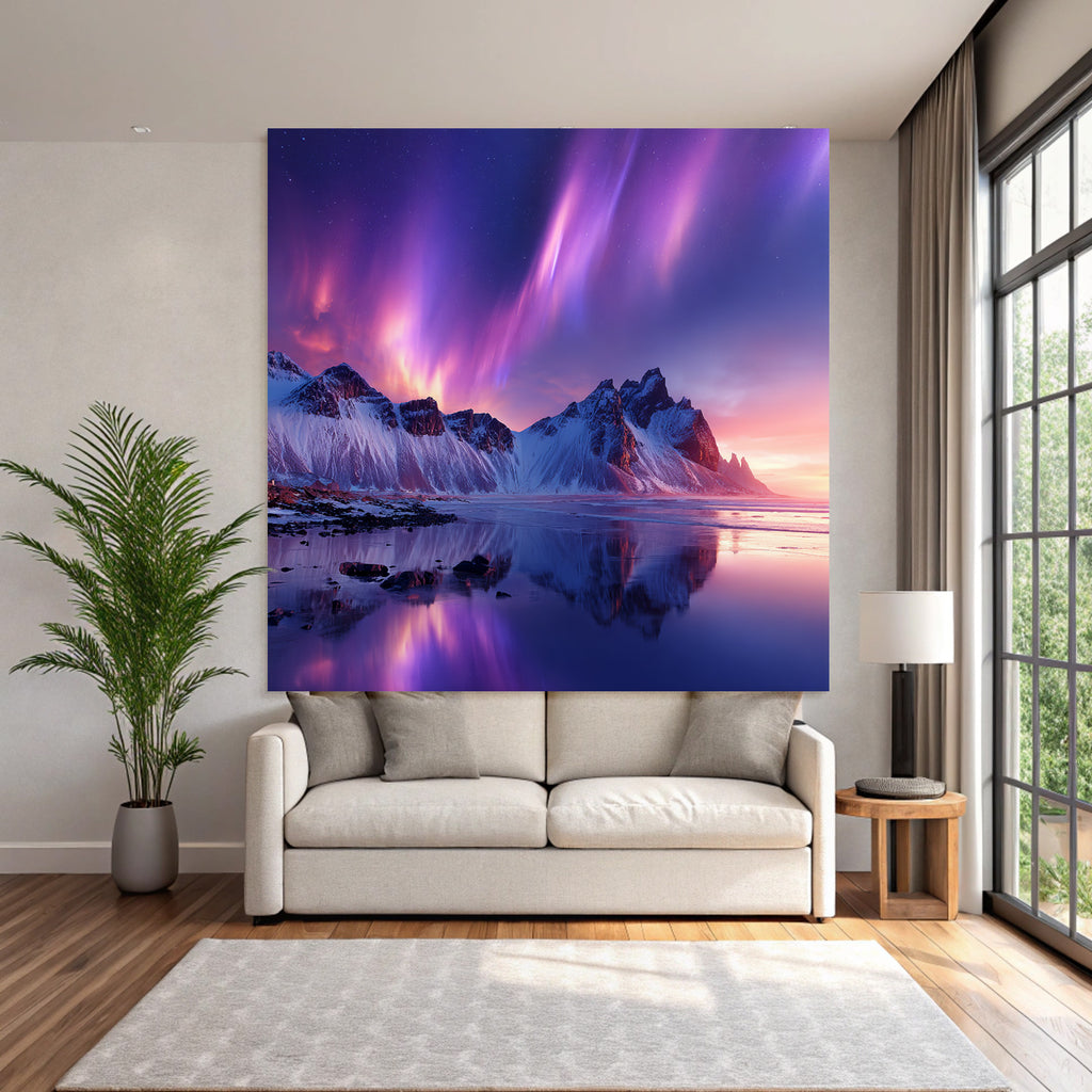 Polarlicht Schneebedeckte Berge Und Aurora Borealis Reflexion Im Wasser | Fjorde und Gletscher | Landschaften