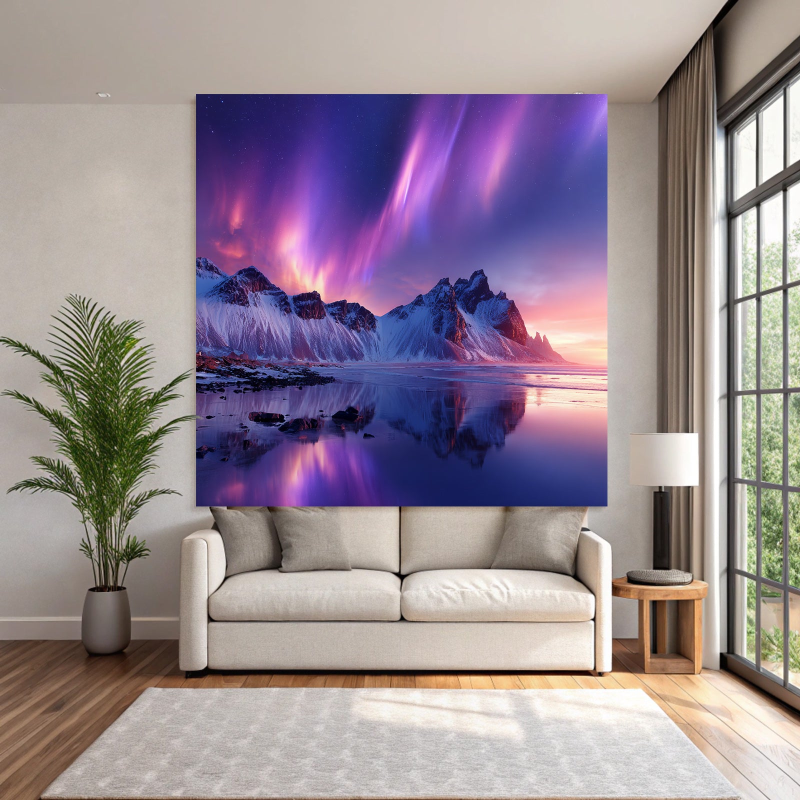 Polarlicht Schneebedeckte Berge Und Aurora Borealis Reflexion Im Wasser | Fjorde und Gletscher | Landschaften