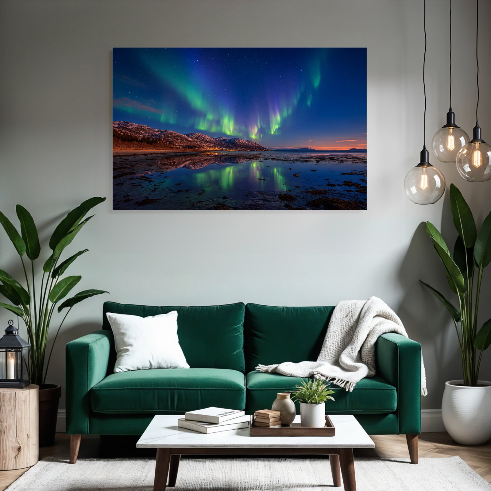 Polarlicht Nordlichter Aurora Borealis Nacht Himmel Reflexion Wasser Schneebedeckte Berge | Fjorde und Gletscher | Landschaften