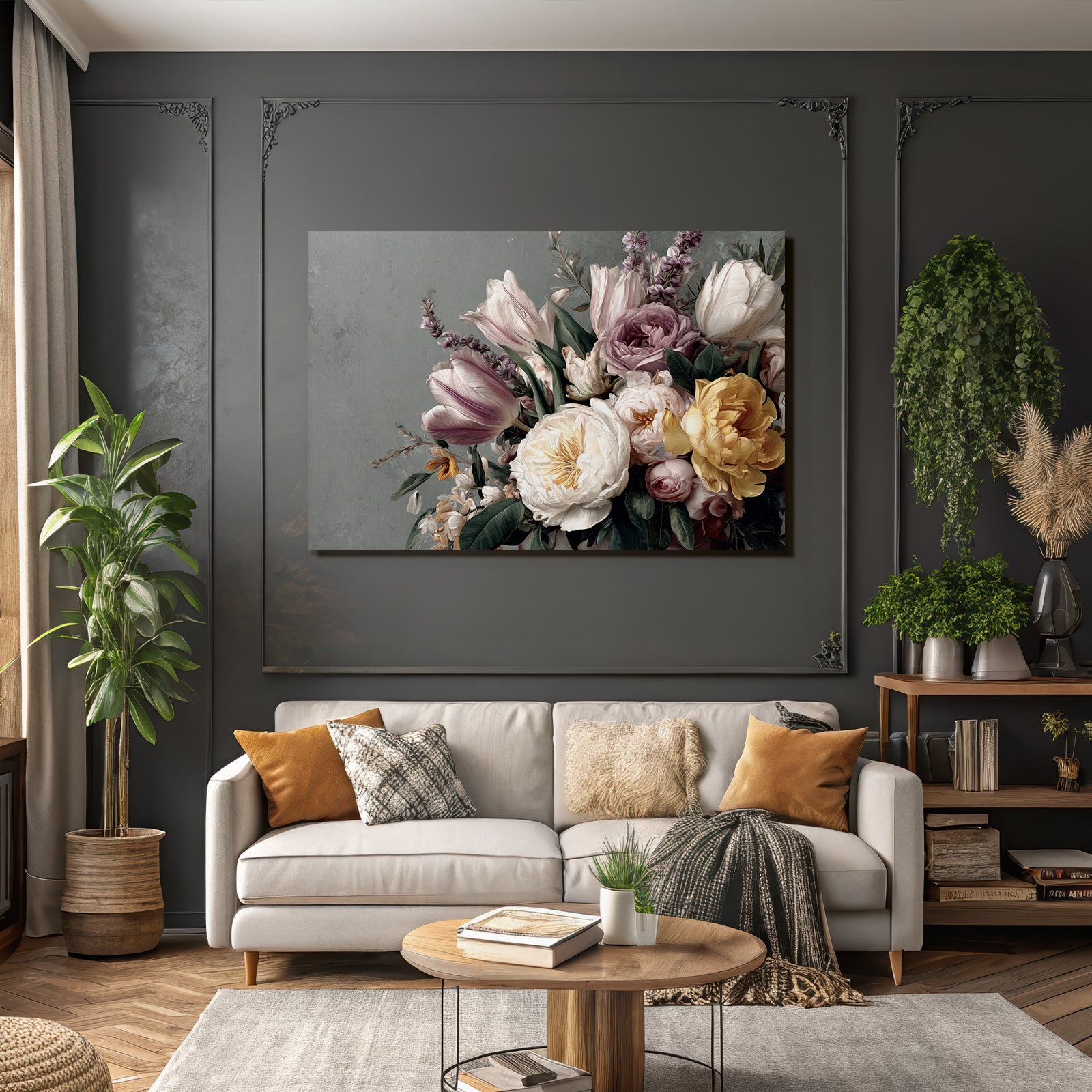 Strauss Mit Tulpen Pfingstrosen Und Grünen Blättern