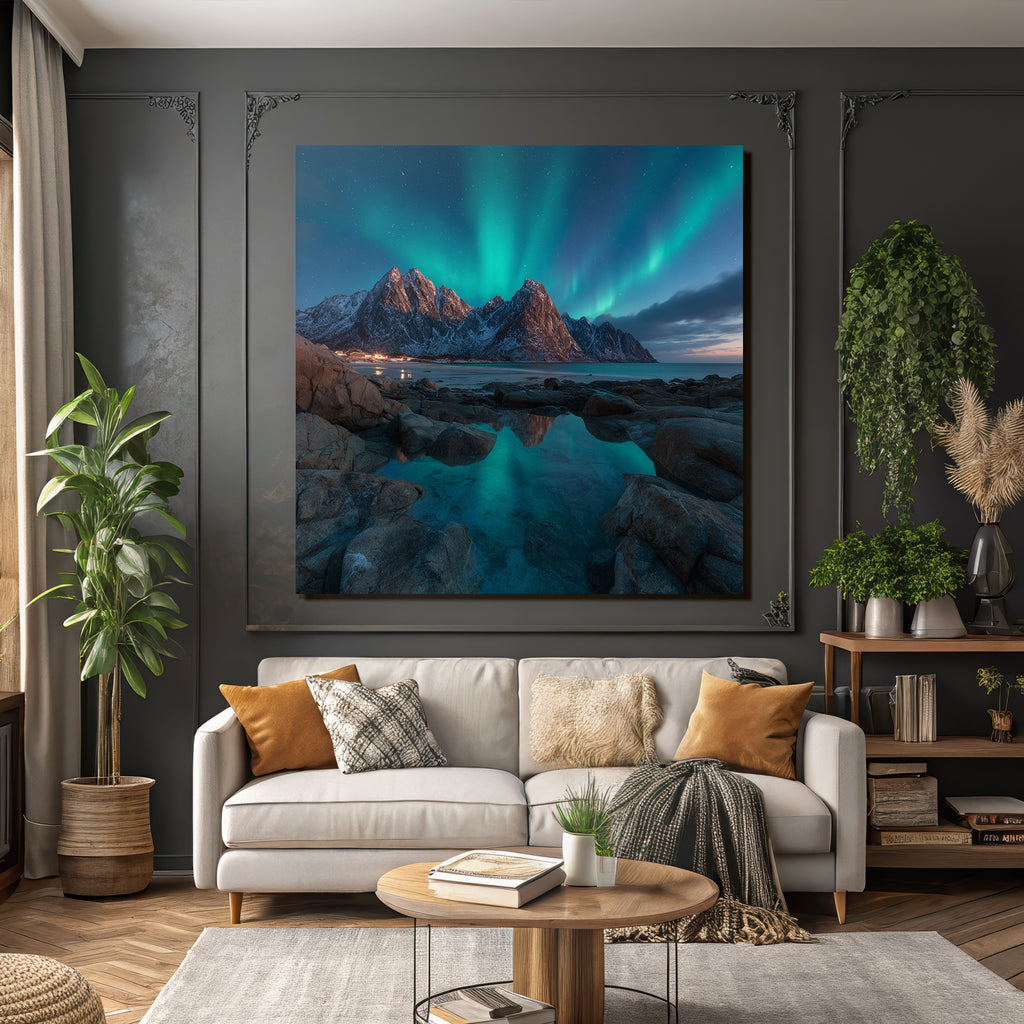 Polarlicht Nordlichter Berggipfel Reflexion Wasser Schnee Landschaft | Fjorde und Gletscher | Landschaften