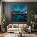 Polarlicht Nordlichter Berggipfel Reflexion Wasser Schnee Landschaft | Fjorde und Gletscher | Landschaften
