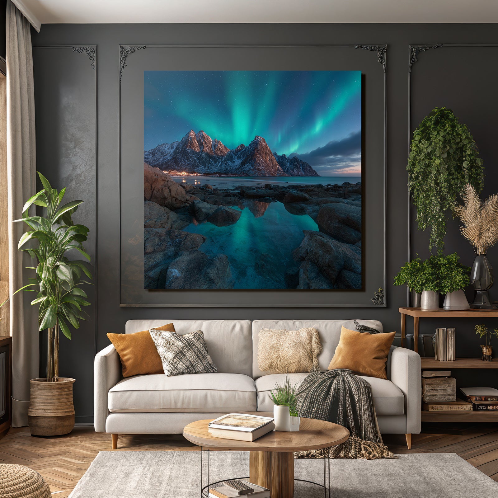 Polarlicht Nordlichter Berggipfel Reflexion Wasser Schnee Landschaft | Fjorde und Gletscher | Landschaften