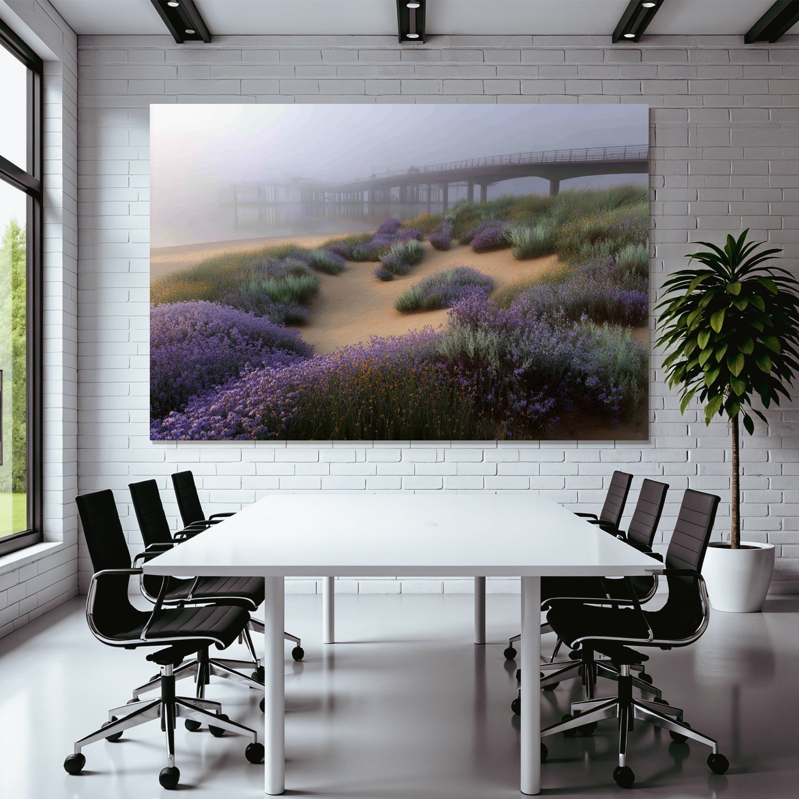 Friedliche Landschaft Mit Pier Und Nebel Mit Lila Blumen | Duenen und Heide | Landschaften