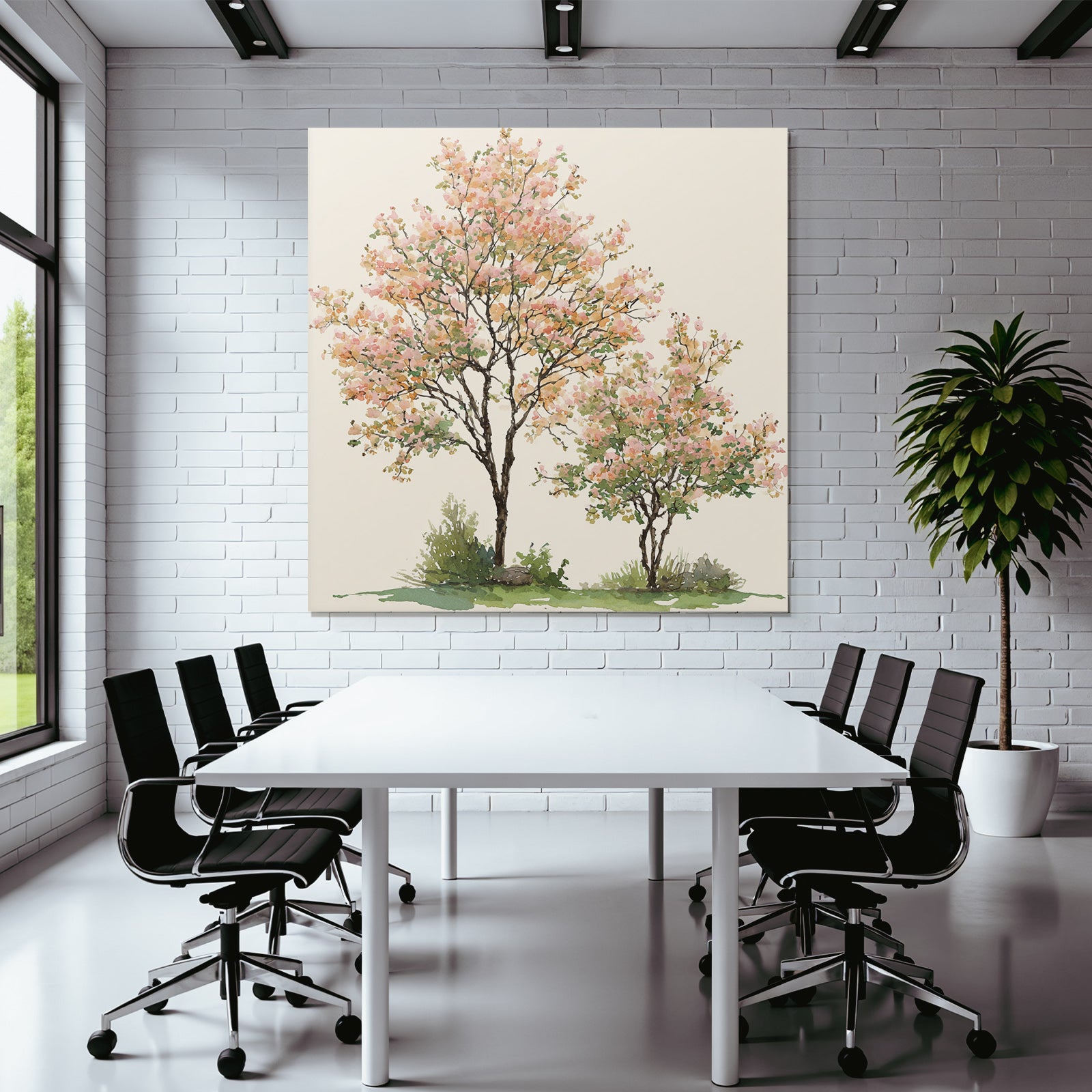 Aquarell Zwei Bäume Mit Rosafarbenen Und Orangenen Blüten