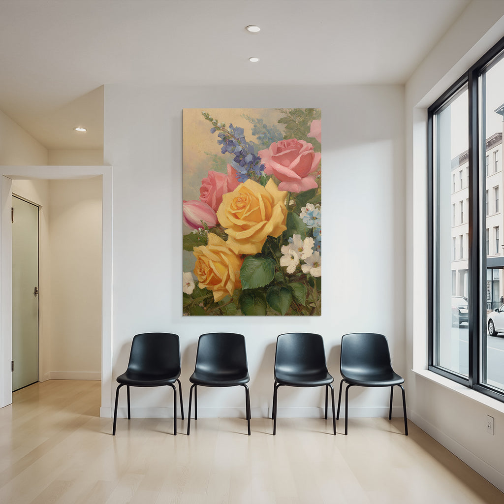 Wunderschöne Lebendige Gesteck Mit Rosen In Gelb Rosa Und Blüten Vor Hellem Hintergrund