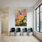 Wunderschöne Lebendige Gesteck Mit Rosen In Gelb Rosa Und Blüten Vor Hellem Hintergrund