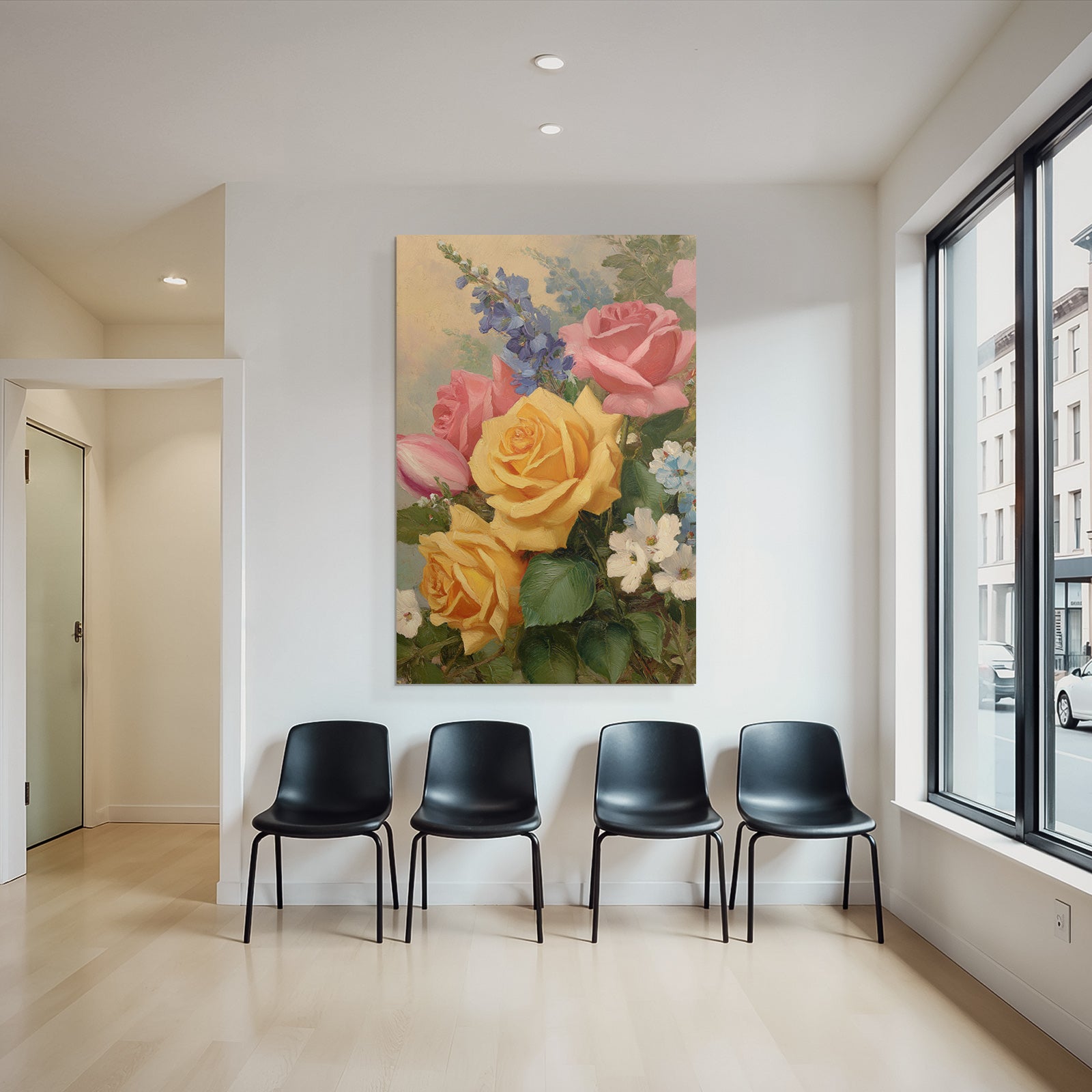 Wunderschöne Lebendige Gesteck Mit Rosen In Gelb Rosa Und Blüten Vor Hellem Hintergrund