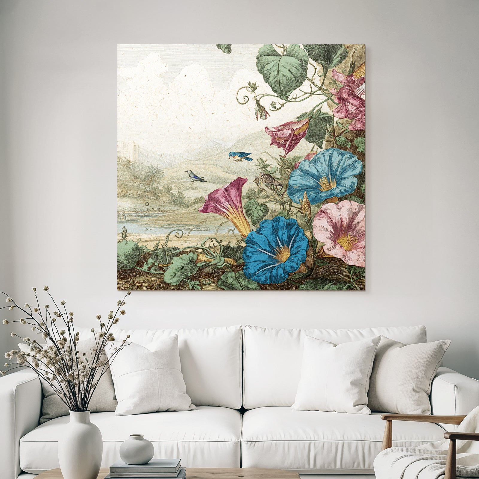 Rosa Und Blaü Prunkwinden Mit Vögeln In Botanischer Landschaft