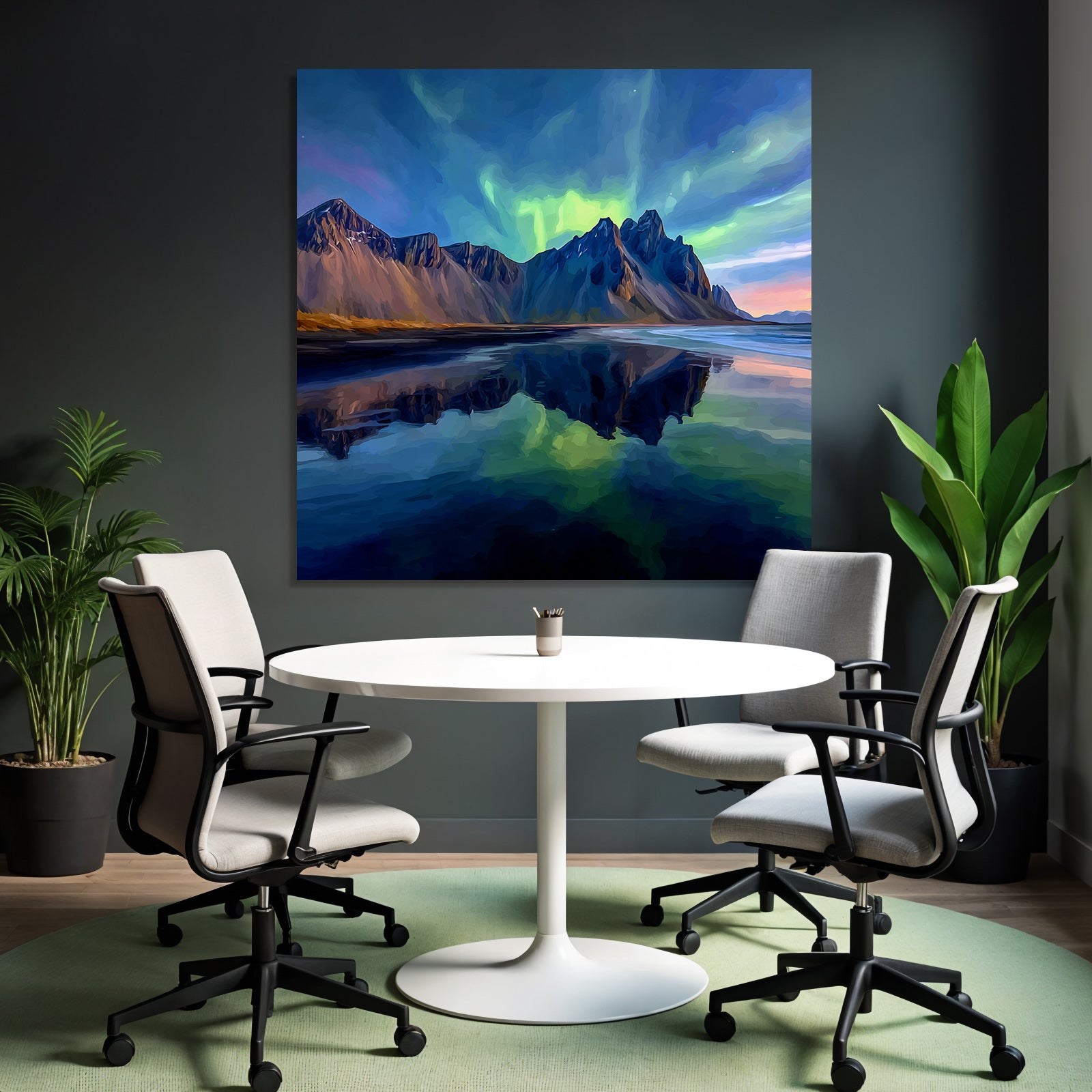 Polarlicht Szenische Landlandschaft Mit Bergen Und Nordlichtern Reflexion Im Wasser | Fjorde und Gletscher | Landschaften