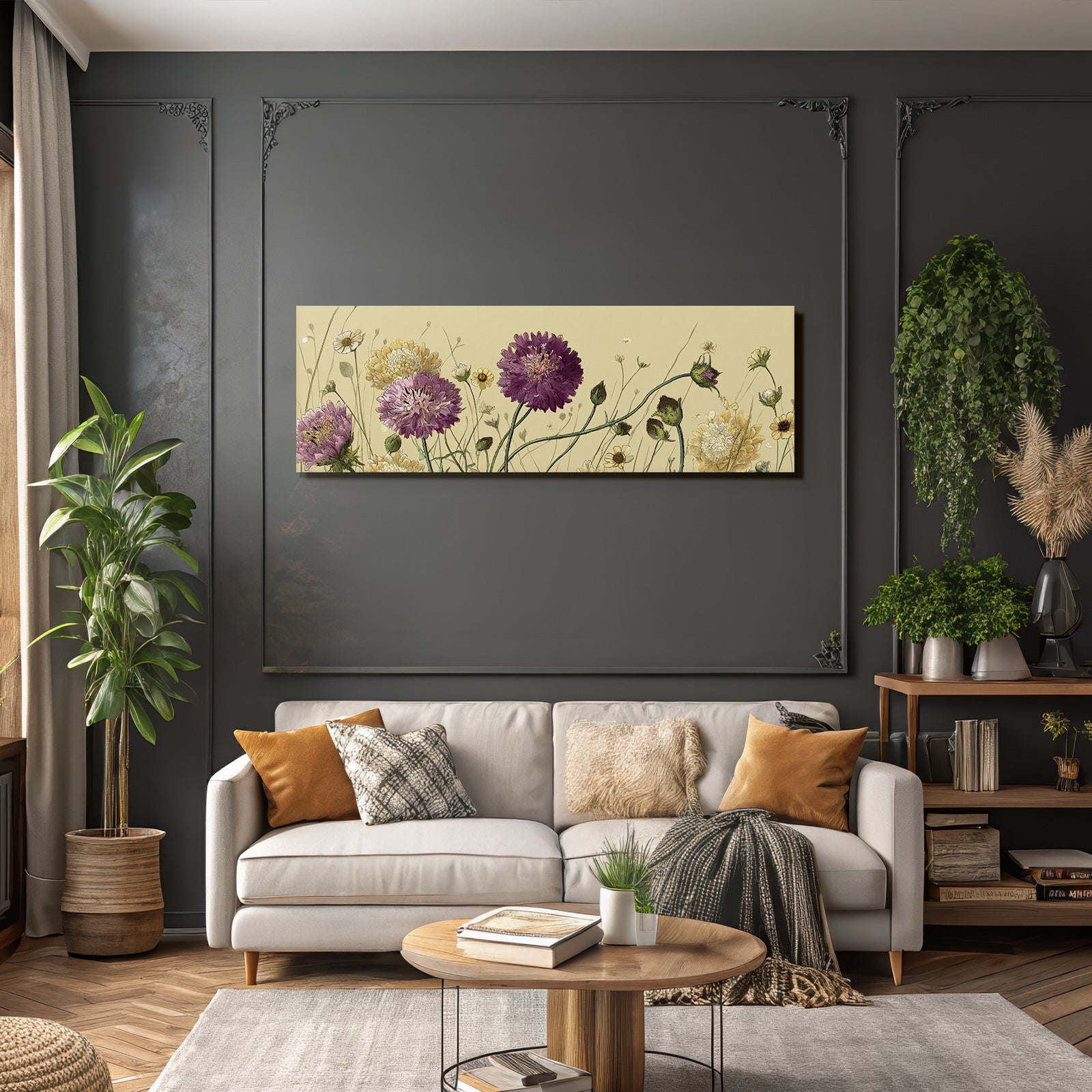 Botanische Illustration Detailreiche Blüten Verschiedene Farben Beige Hintergrund