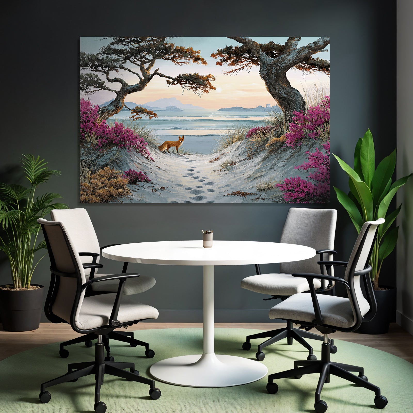 Szenenlandschaft Mit Strand Und Fox Unter Bergen Und Blumen | Duenen und Heide | Landschaften