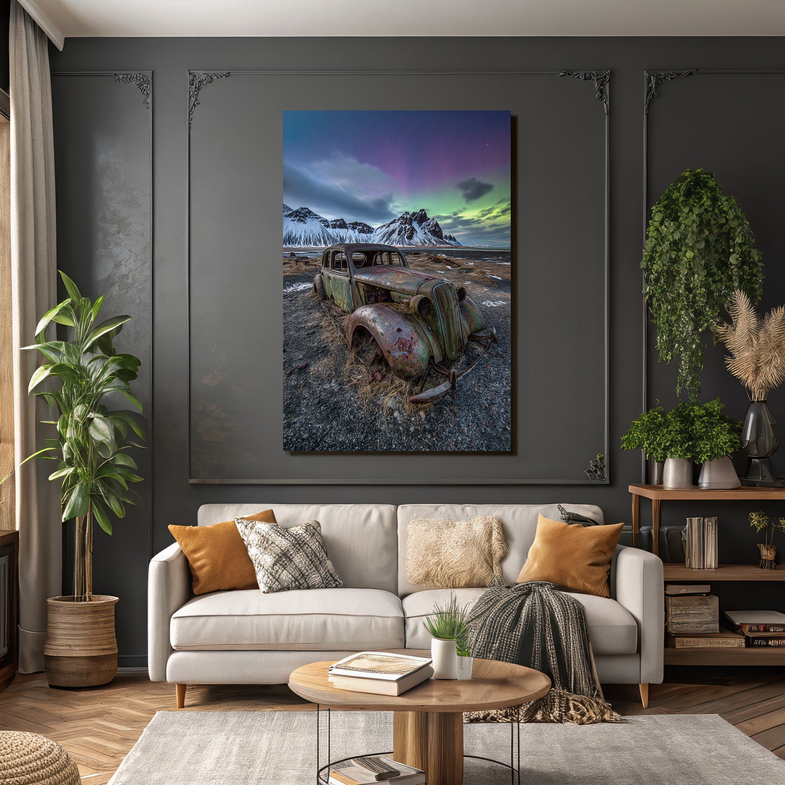 Polarlicht Rustiger Vintage Auto In Rugged Landschaft Mit Aurora Borealis | Fjorde und Gletscher | Landschaften
