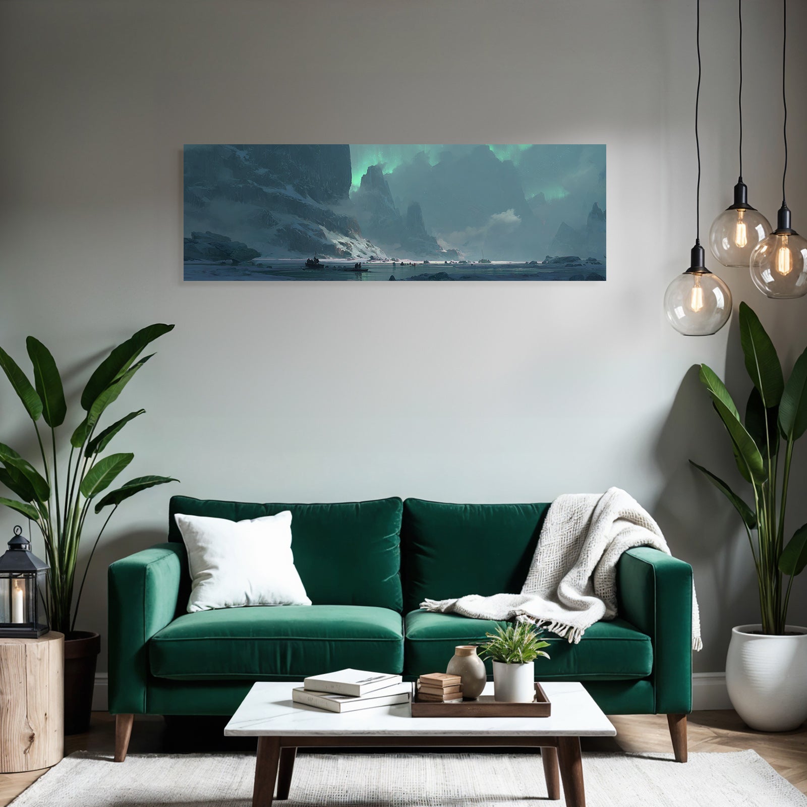 Polarlicht Polarlandschaft Mit Aurora Und Boote | Fjorde und Gletscher | Landschaften