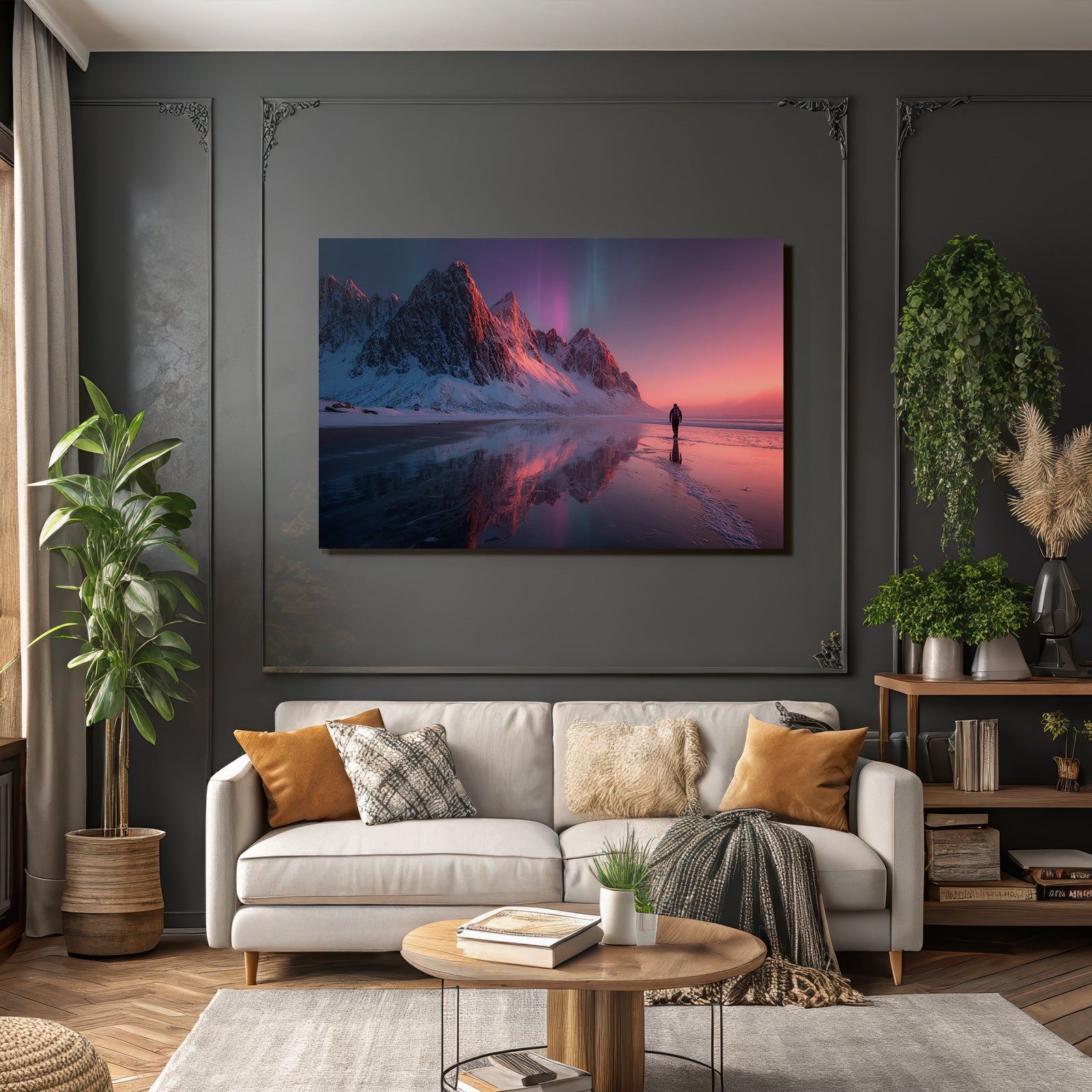 Polarlicht Schneebedeckte Berge Aurora Borealis Reflektierender Strand Pittoreske Szene | Fjorde und Gletscher | Landschaften