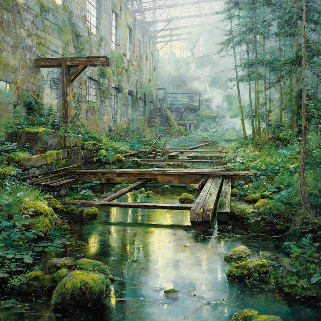 Verlassene Industrie Überwuchert Durch Natur Mit Sonnenlicht Reflexionen | Lost Places | Architektur