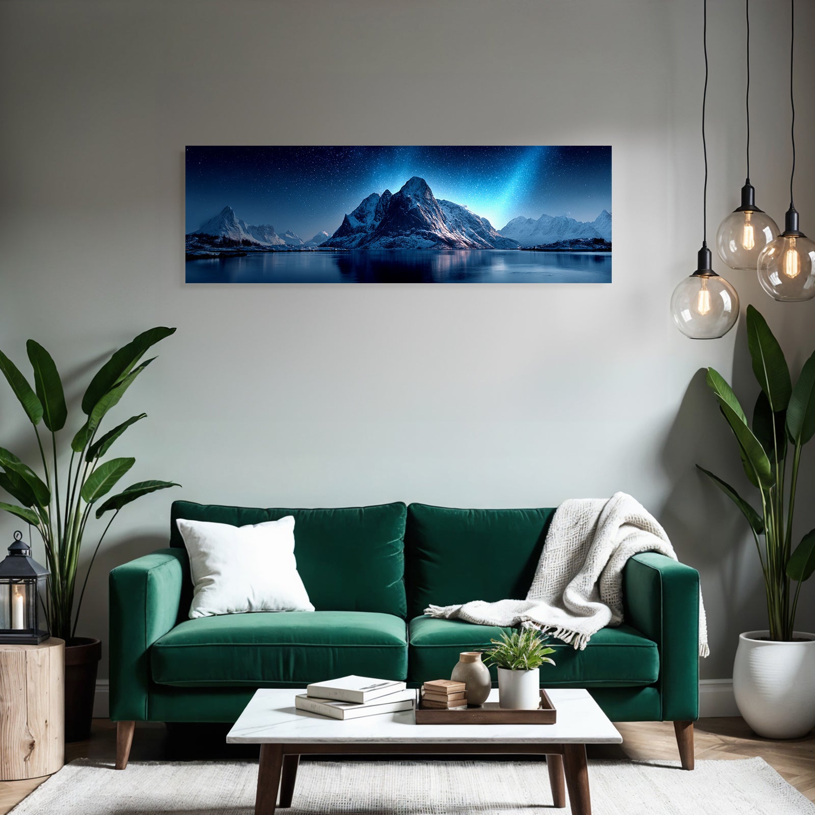 Polarlicht Beruhigende Berglanschaft Unter Sternenhimmel Mit Reflektierender Wasseroberfläche | Fjorde und Gletscher | Landschaften