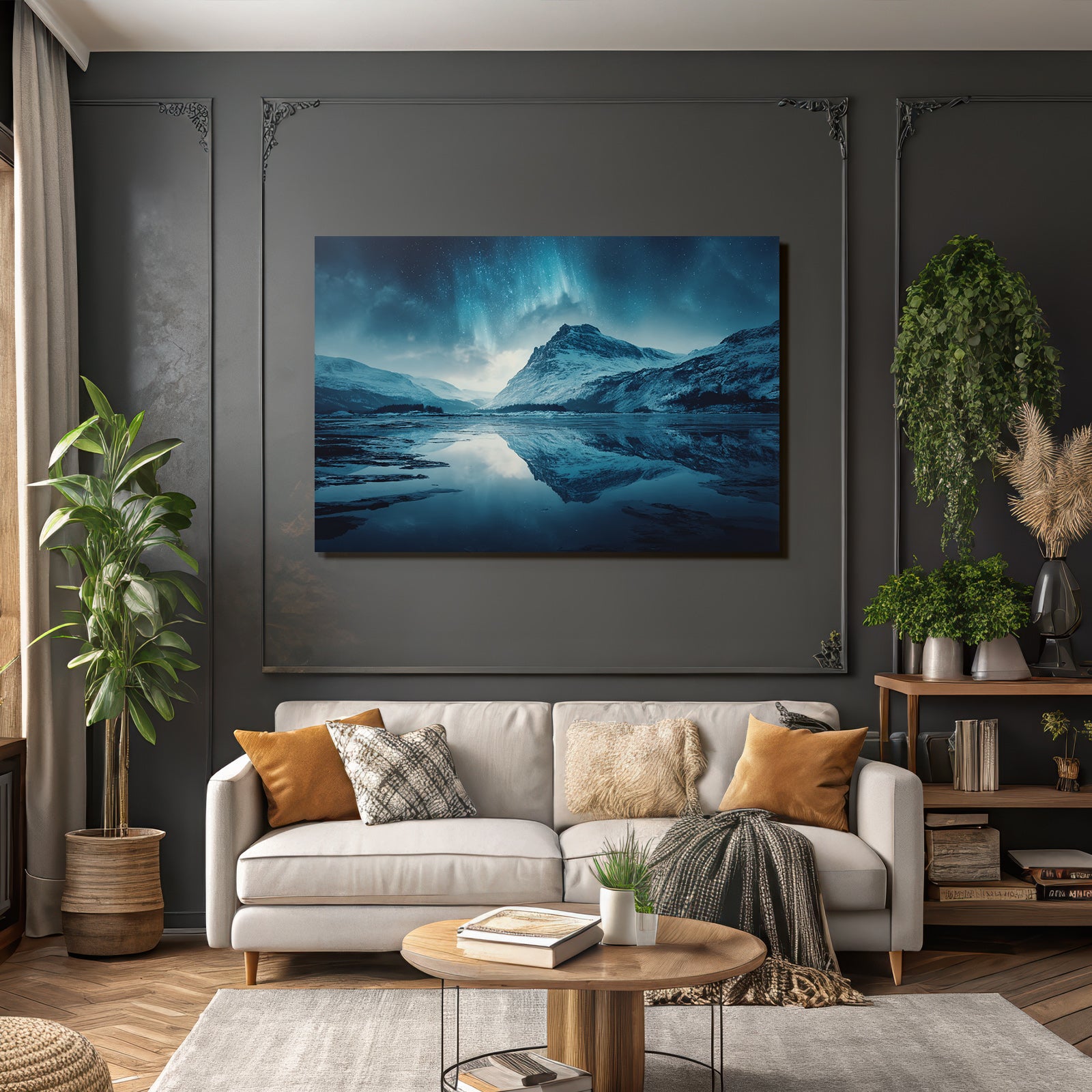 Polarlicht Szenische Landlandschaft Mit Bergen Und Aurora Borealis Reflektiert Im Wasser | Fjorde und Gletscher | Landschaften
