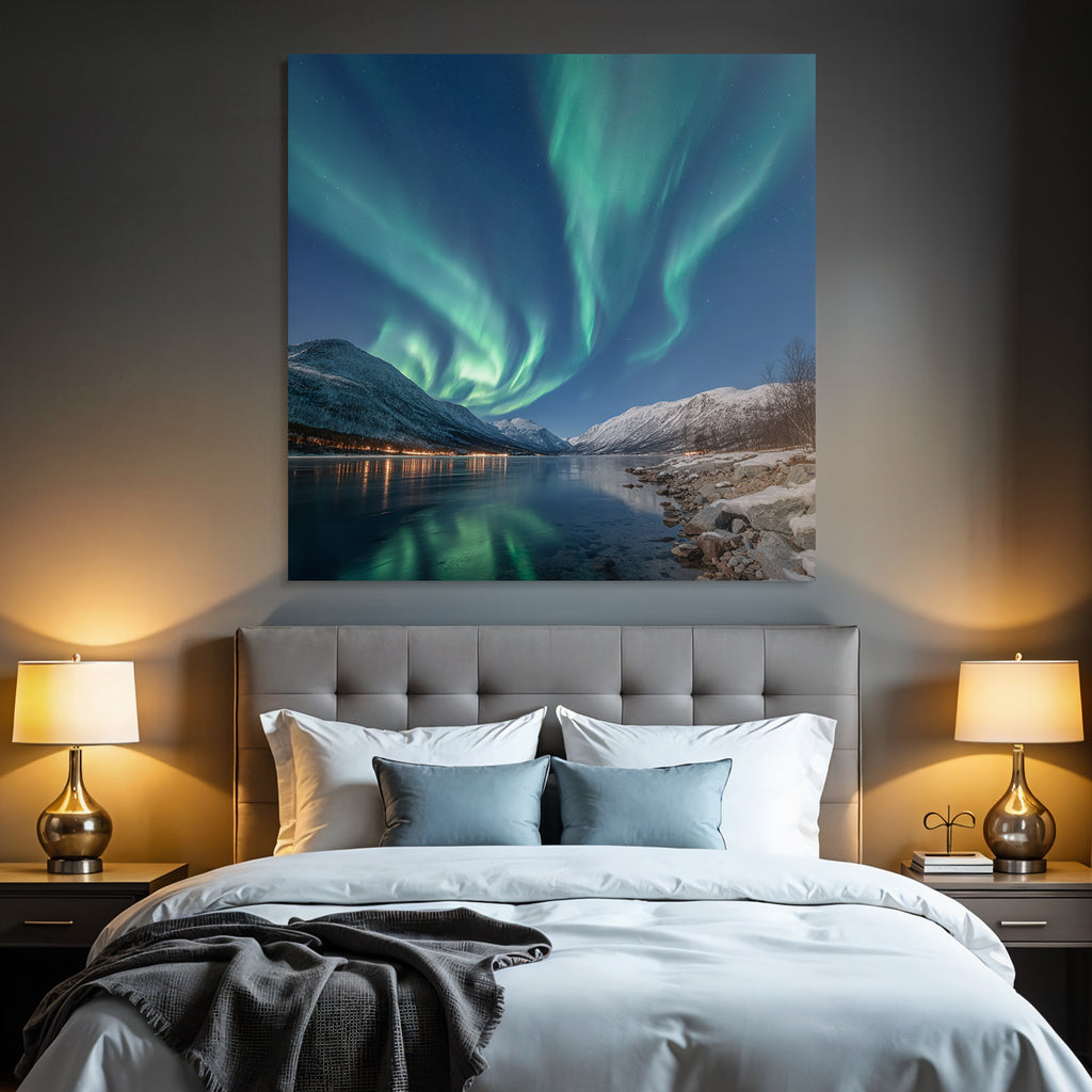 Polarlicht Aurora Borealis Nachtlandschaft Mit Reflexionen In Klarem Wasser | Fjorde und Gletscher | Landschaften