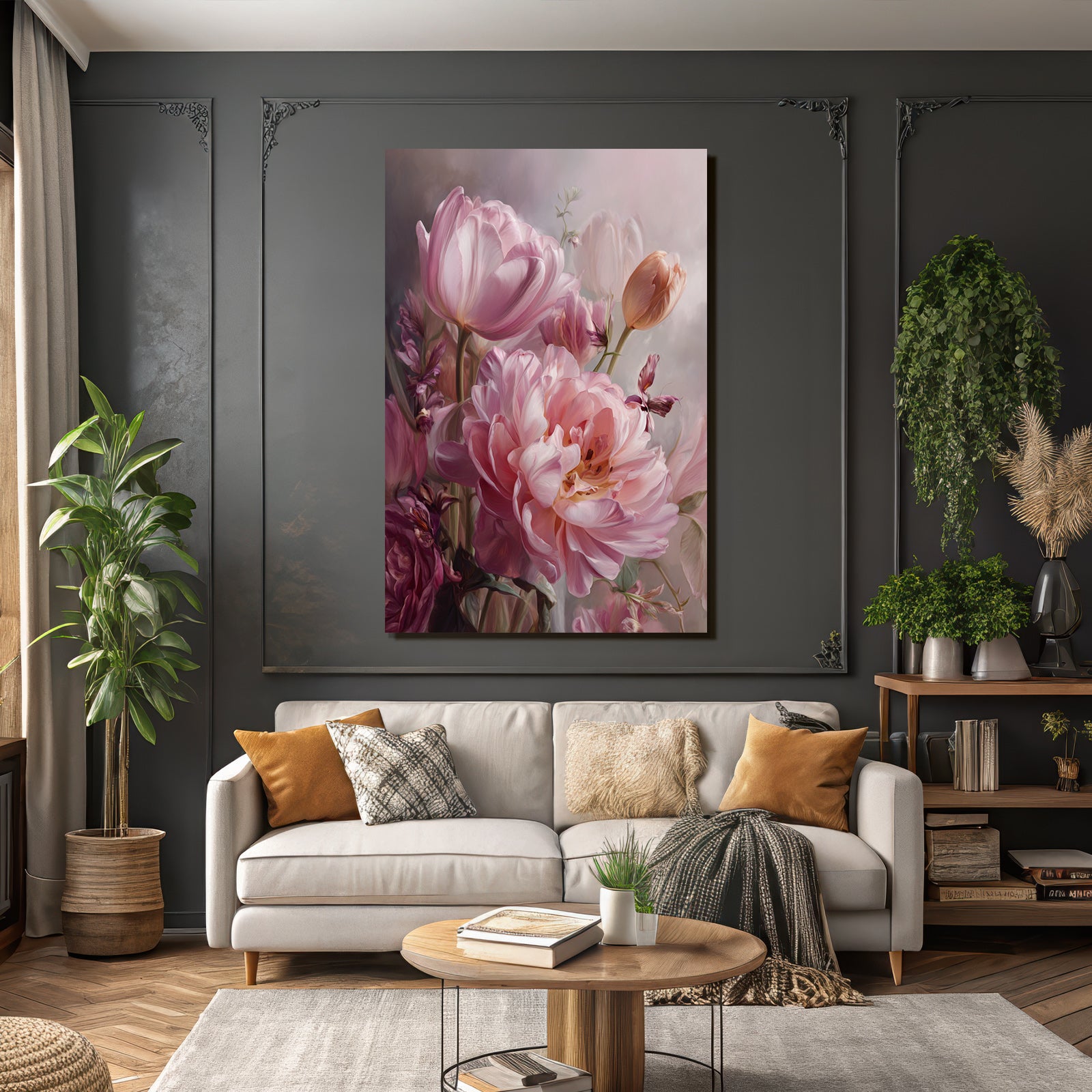 Schöne Anordnung Rosa Und Lila Tulpen Und Pfingstrosen