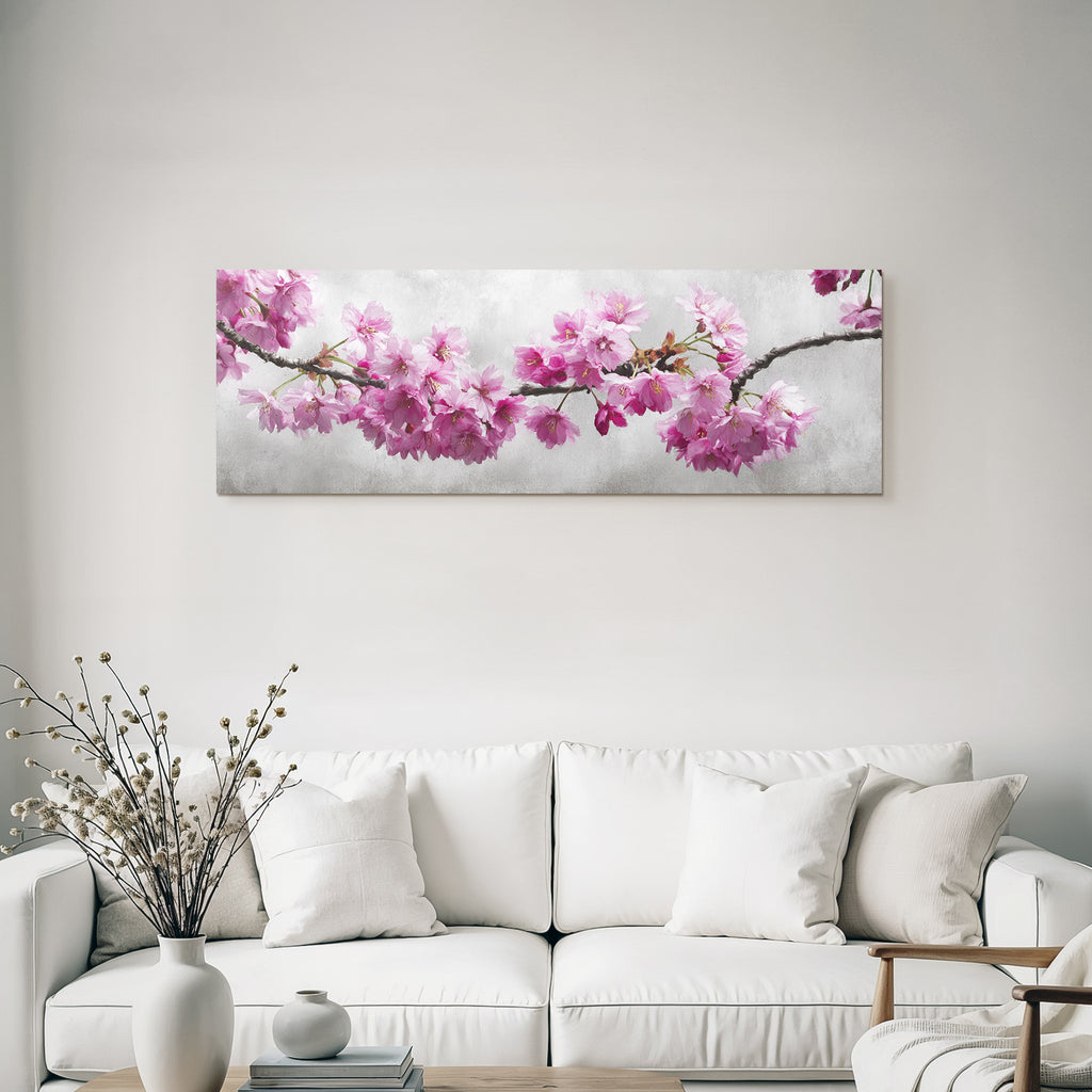 Zweig Mit Rosa Kirschblüten Vor Graüm Hintergrund