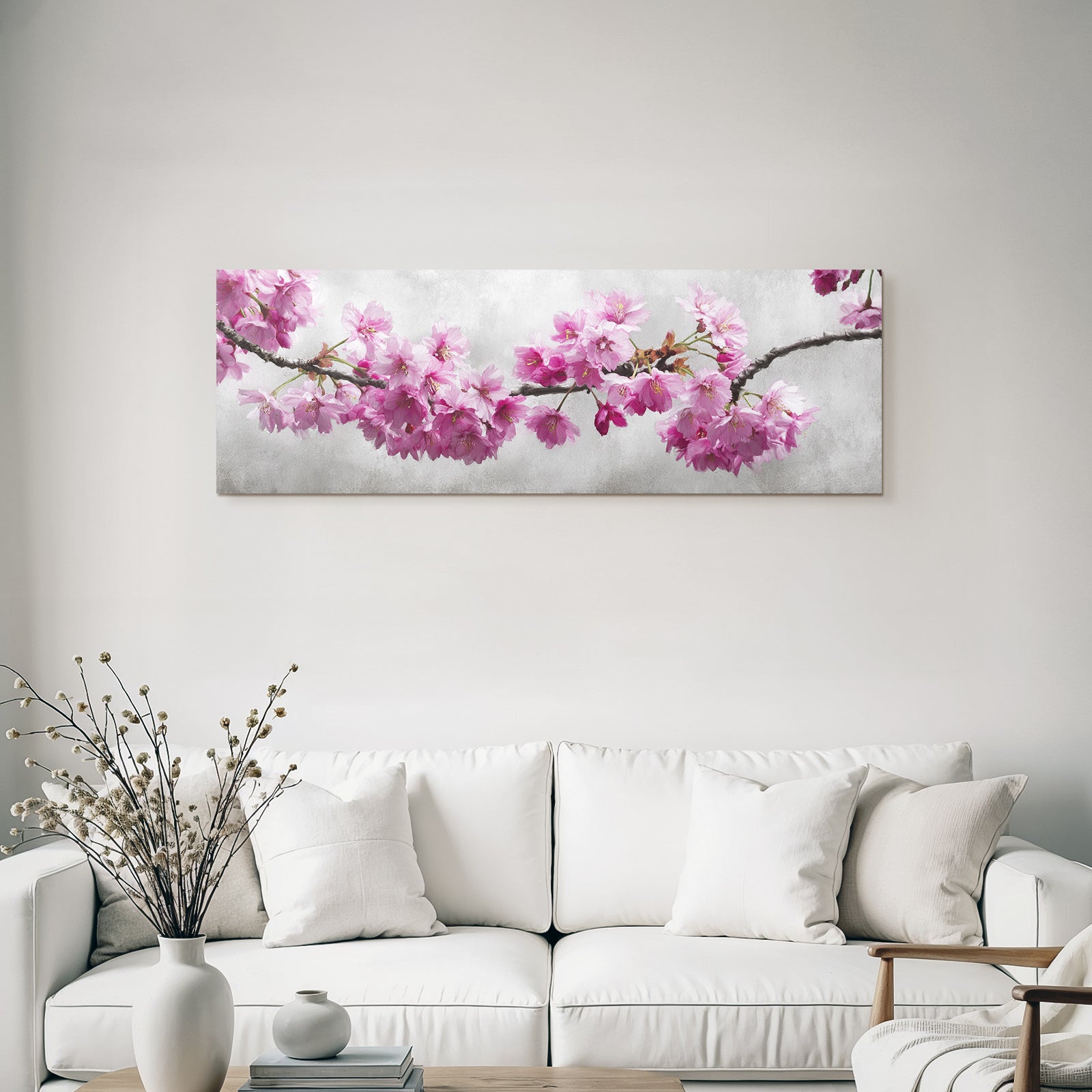 Zweig Mit Rosa Kirschblüten Vor Graüm Hintergrund