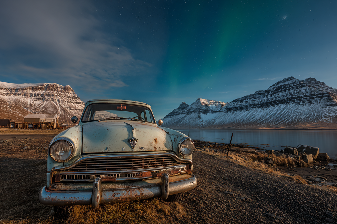 Polarlicht Alte Rustige Autoszene Mit Nordlichtern Und Bergruine | Fjorde und Gletscher | Landschaften