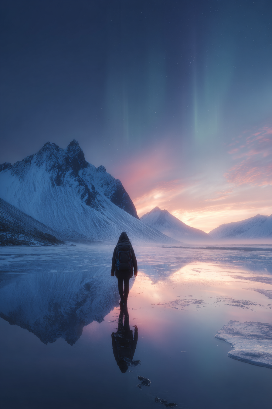 Polarlicht Winterlandschaft Solitaire Person Eisflächen Bergblick Nordlichter | Fjorde und Gletscher | Landschaften