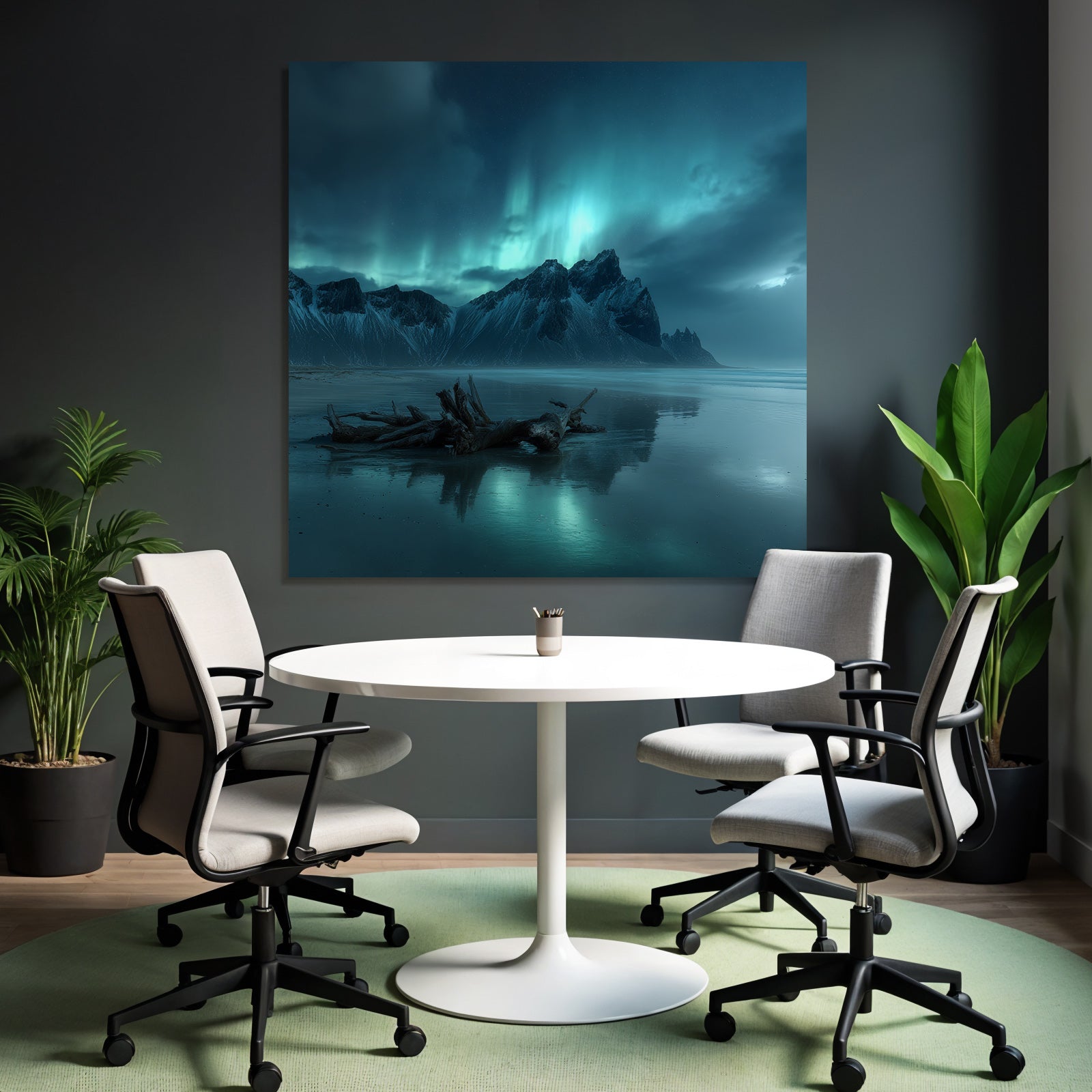 Polarlicht Dramatische Berge Nacht Himmel Aurora Borealis Spiegelung Strand | Fjorde und Gletscher | Landschaften