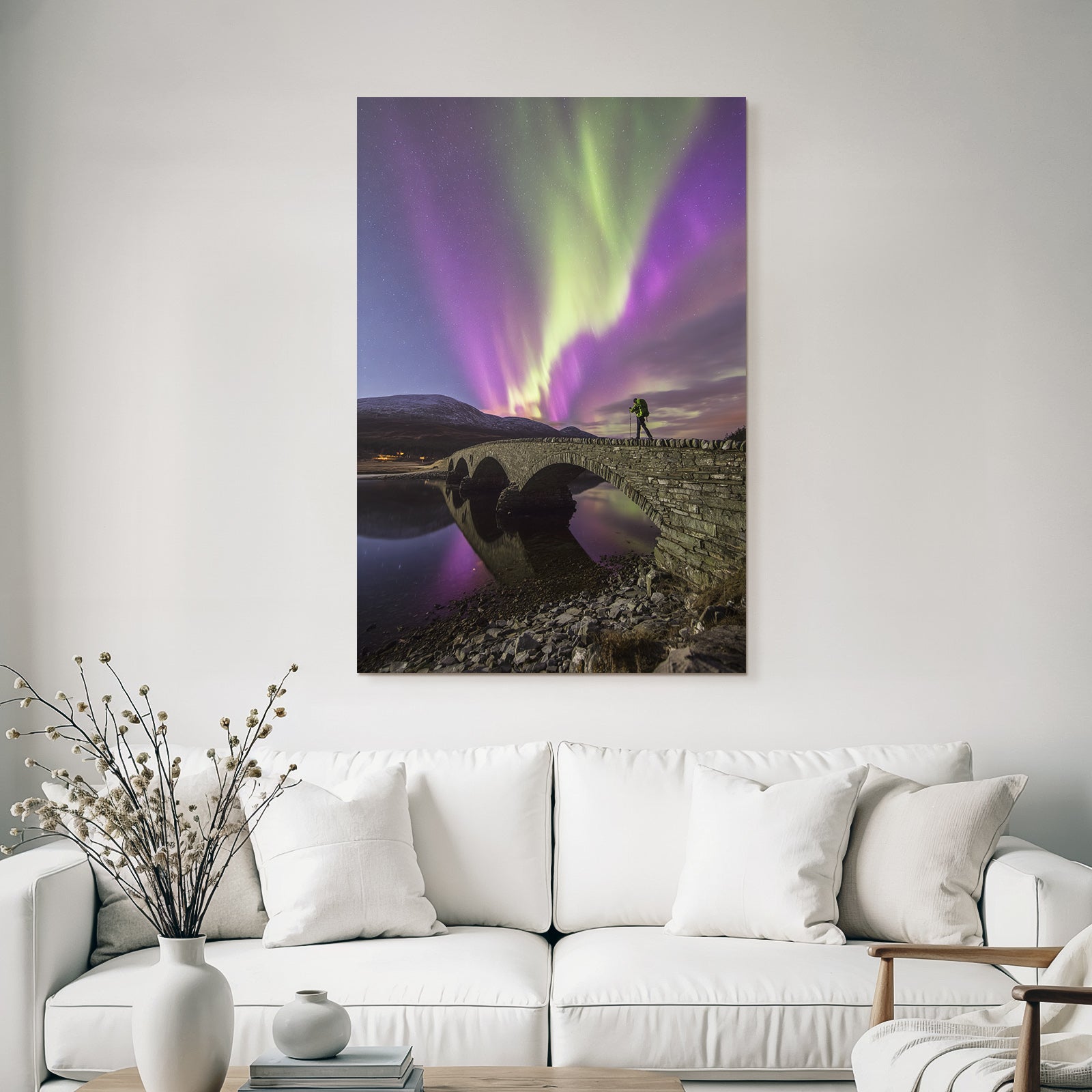 Polarlicht Nordlichter Brücke Wasser Mountains Nacht Sternenhimmel | Fjorde und Gletscher | Landschaften