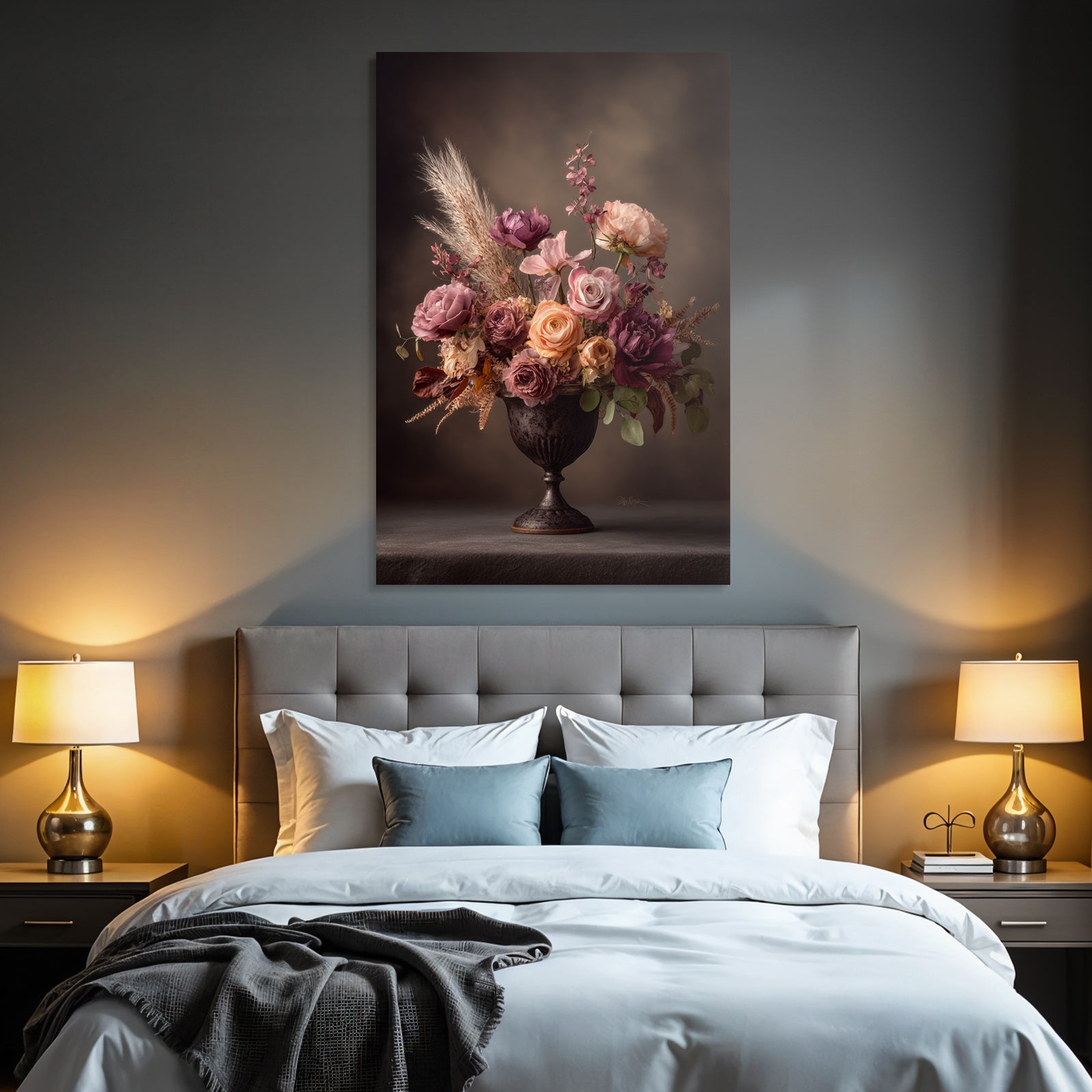 Trocken Retro Flowers Wunderschöne Gesteck Im Verzierten Vase Rosen Und Päonien Mit Trocken