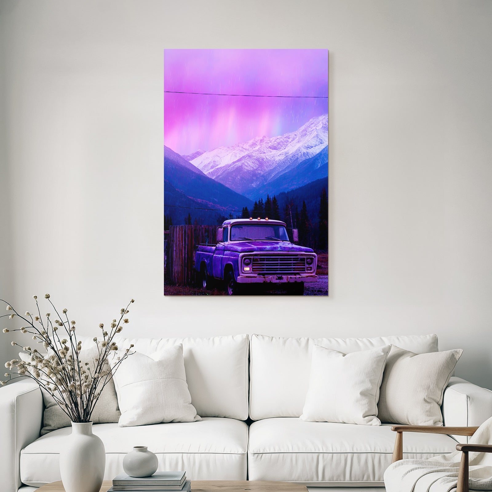 Polarlicht Vintage Lastwagen In Der Natur Mit Schneebedeckten Bergen Und Bunten Himmel | Fjorde und Gletscher | Landschaften