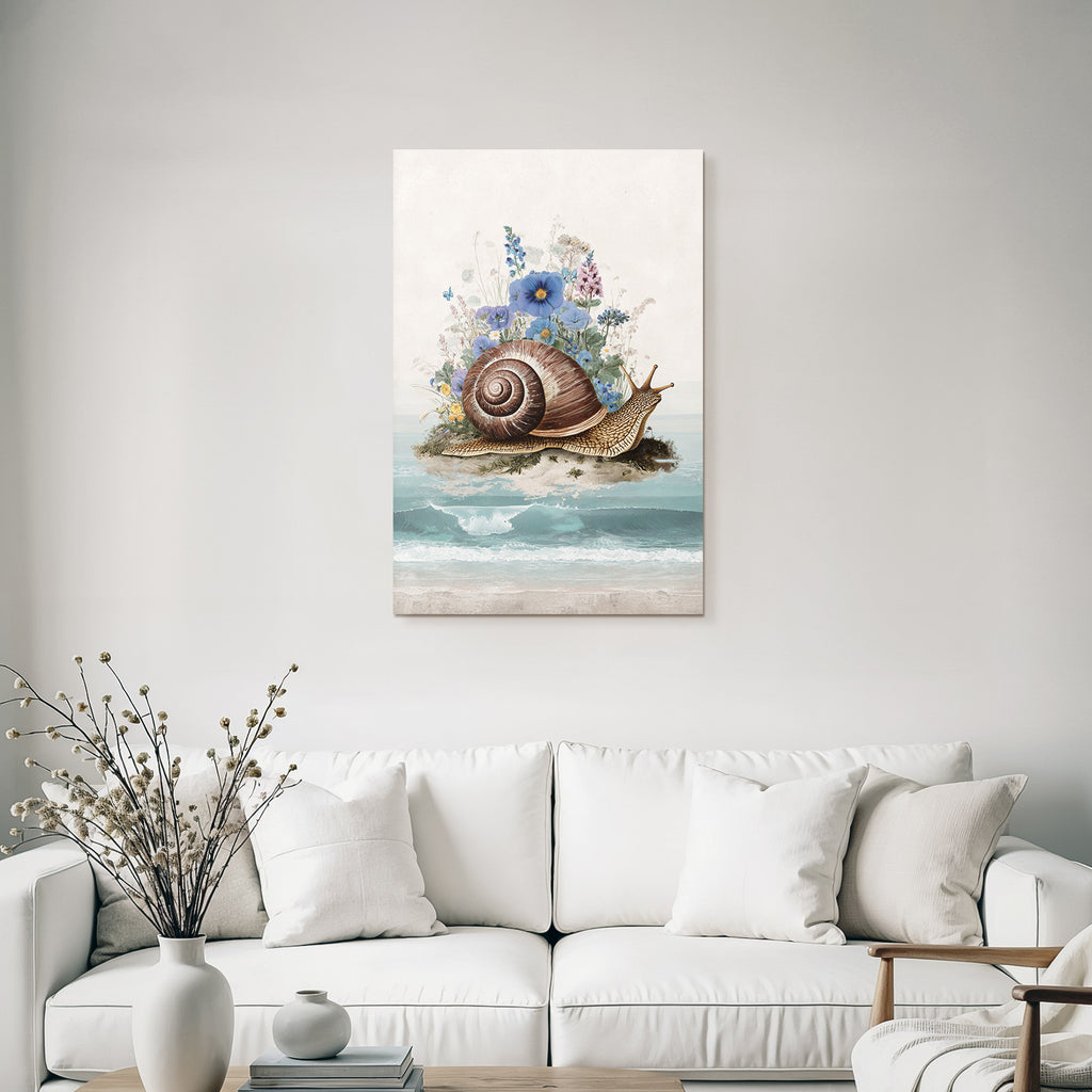 Grosse Schnecke Am Strand Umgeben Von Bunten Und Wellen Im Hintergrund