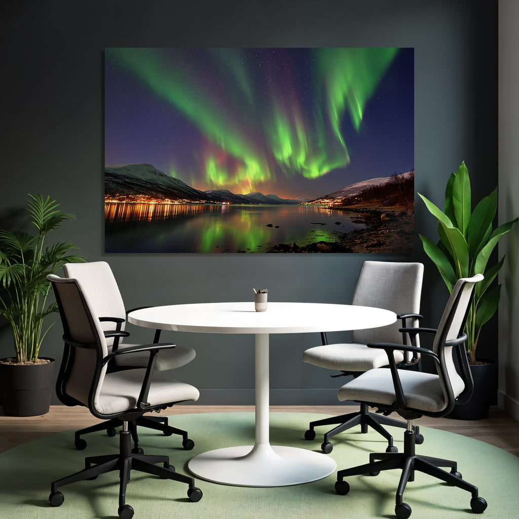 Polarlicht Nordlichter Mit Reflexion Und Gebirgen | Fjorde und Gletscher | Landschaften