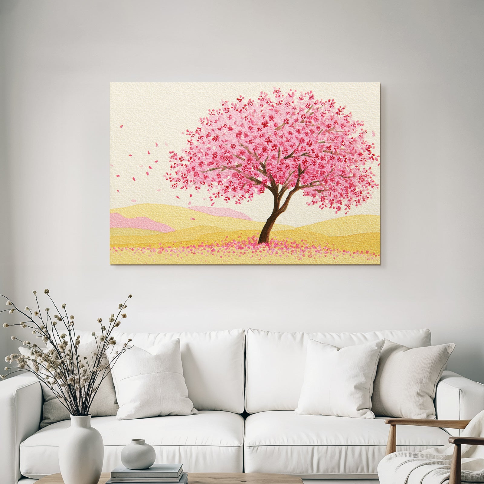 Frühlingslandschaft Mit Rosa Blühendem Baum Und Sanften Hügeln