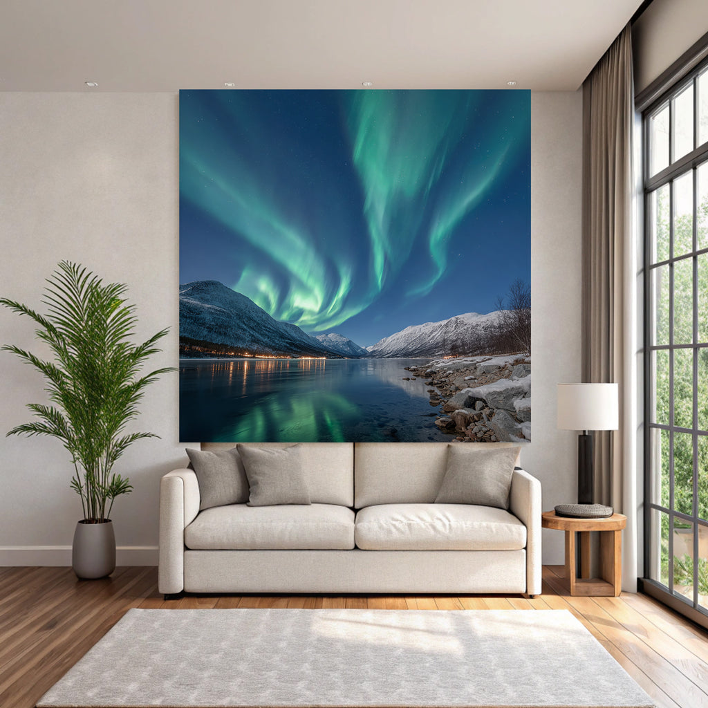 Polarlicht Aurora Borealis Nachtlandschaft Mit Reflexionen In Klarem Wasser | Fjorde und Gletscher | Landschaften